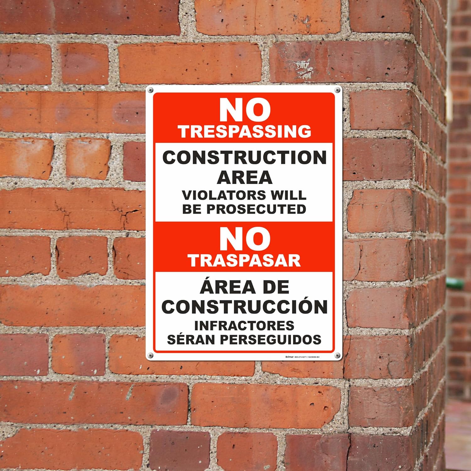 Brimar - 10" x 14" - Bilingual Construction Area Violators Will Be Prosecuted Sign - .055″ Polyethylene Plastic - Bold Text And Symbol - Easy Installation