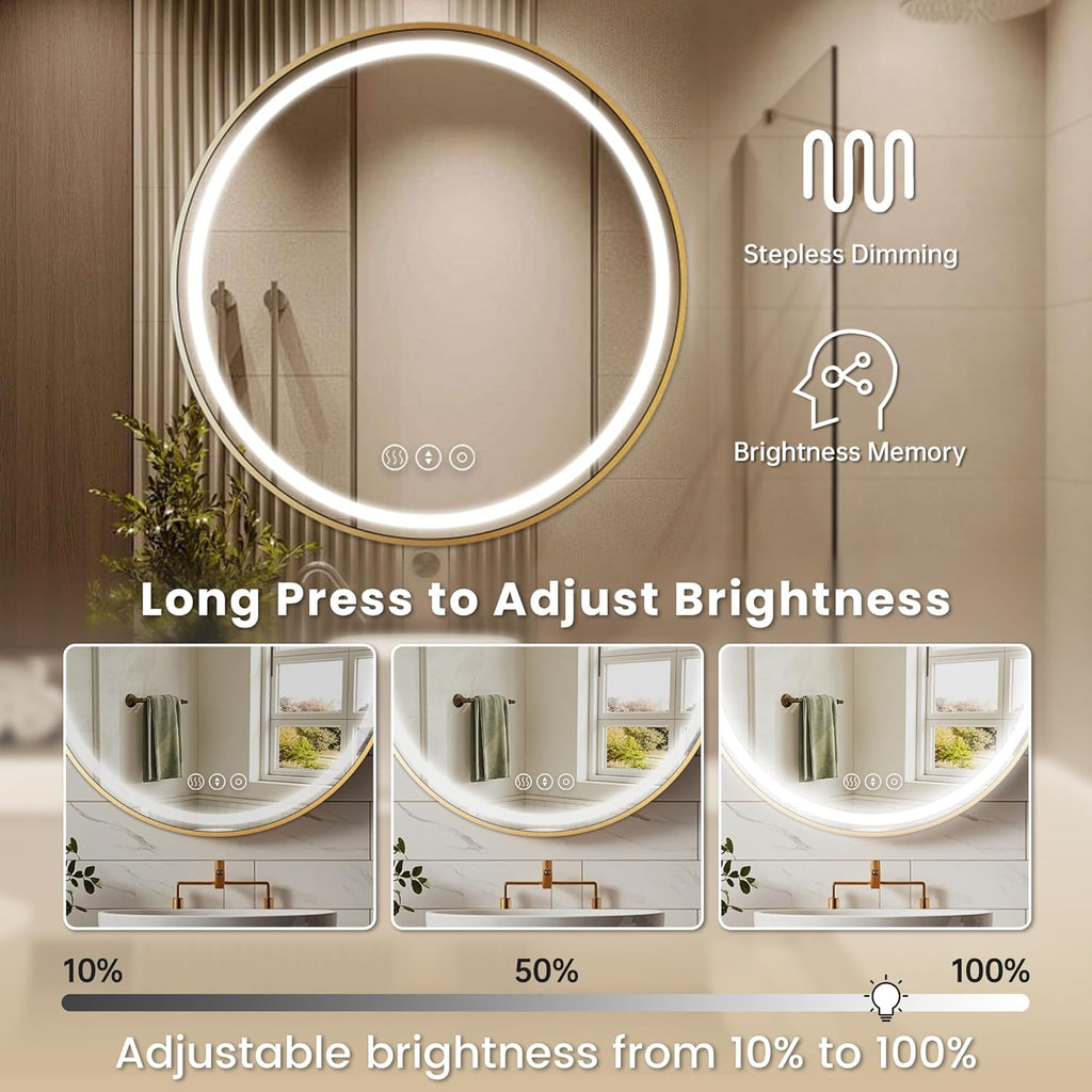 Gold Round Mirror 28 Inch, Metal Framed Frontlit Bathroom Mirror, Circle Mirrors for Wall, Led Light Mirror with Anti-Fog, Memory Function, 3 Color Temperature, Dimmable Makeup Mirrors