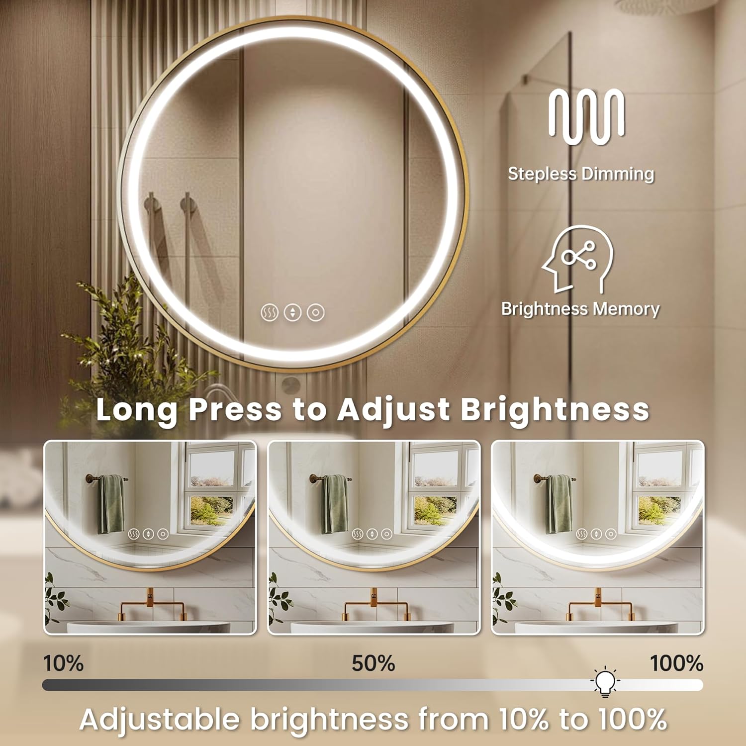 Gold Round Mirror 28 Inch, Metal Framed Frontlit Bathroom Mirror, Circle Mirrors for Wall, Led Light Mirror with Anti-Fog, Memory Function, 3 Color Temperature, Dimmable Makeup Mirrors