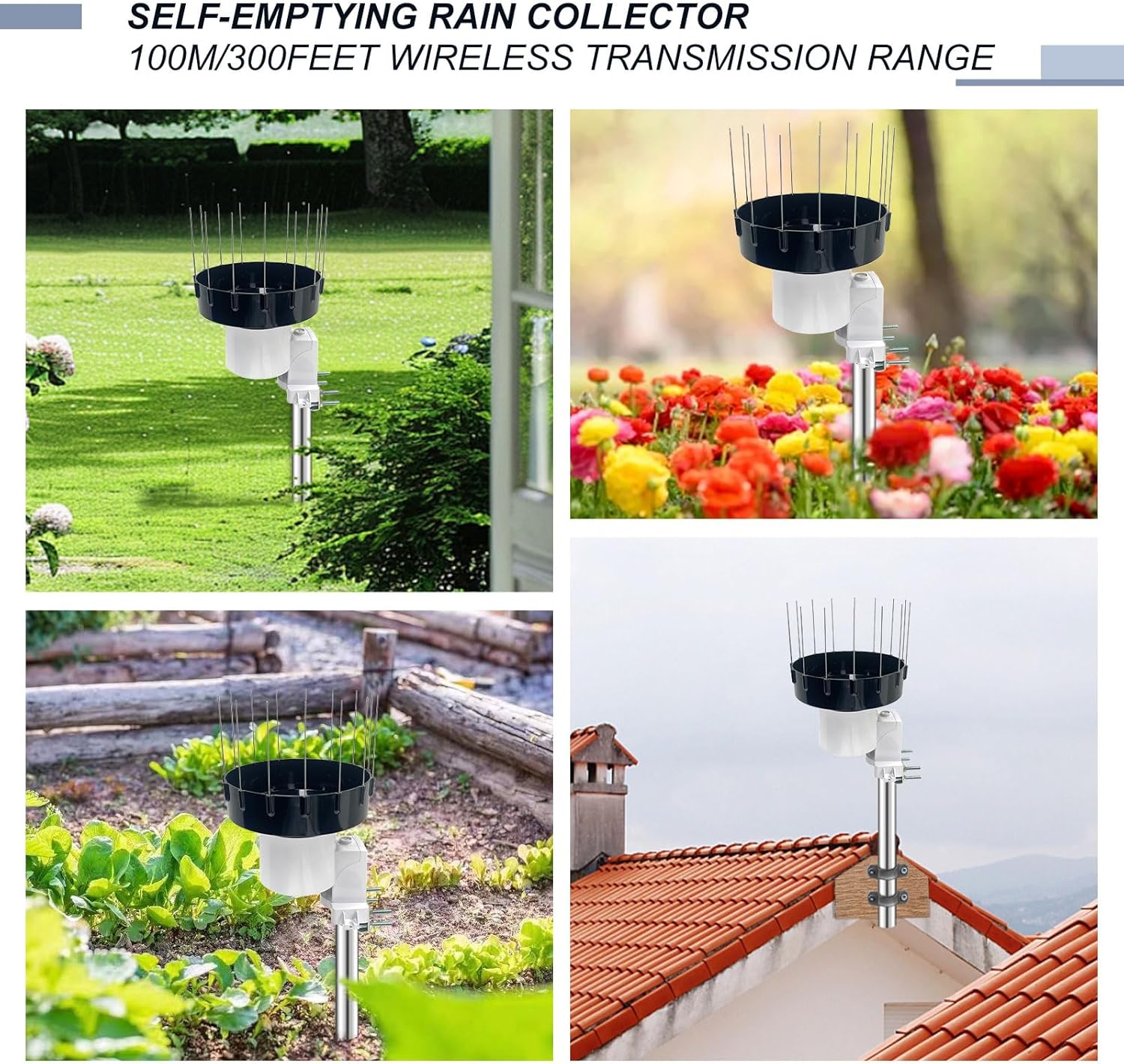 ECOWITT WH40BH Wireless Rain Gauge Outdoor Sensor, with 5cm/1.96in Height Self-Emptying Rainfall Collector Funnel, 15 Pcs Bird Spikes - - Accessory Only, Can Not Be Used Alone, 915 MHz