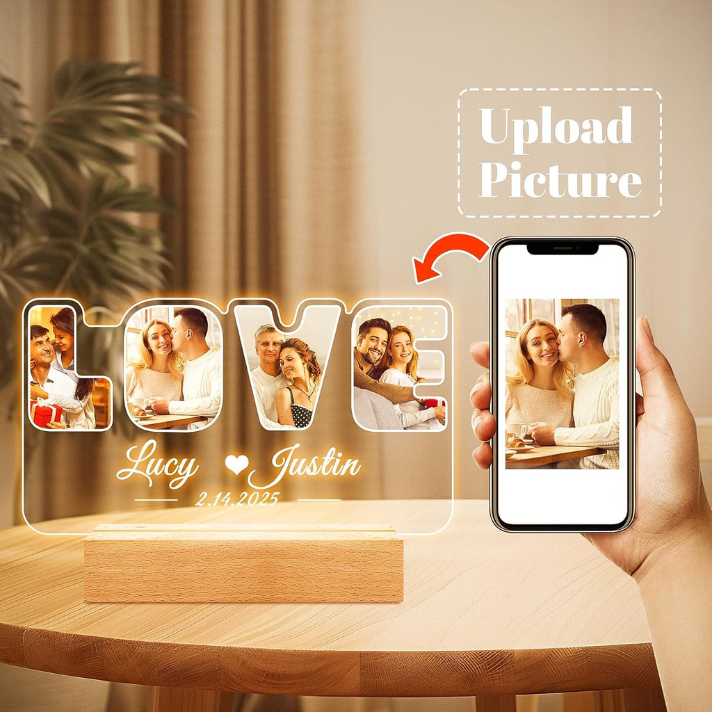 Custom Picture Frames with Photo, Personalized Photo Frame with Night Light, Customized Picture Frame, Personalized Anniversary Valentines Day Gifts for Women Men Her Him Girlfriend Boyfriend Couple