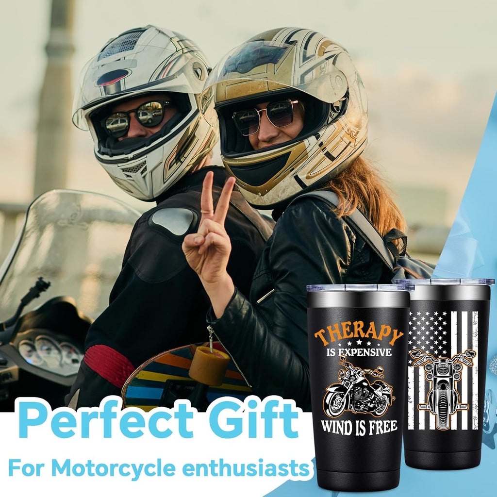 Fufandi Motorcycle Gifts for Men - Therapy Is Expensive Wind Is Free Motorcycle Gifts Tumbler - Christmas Fathers Day Gift for Motorcycle Lovers, Dad, Boyfriend - Tumbler Cup 20oz