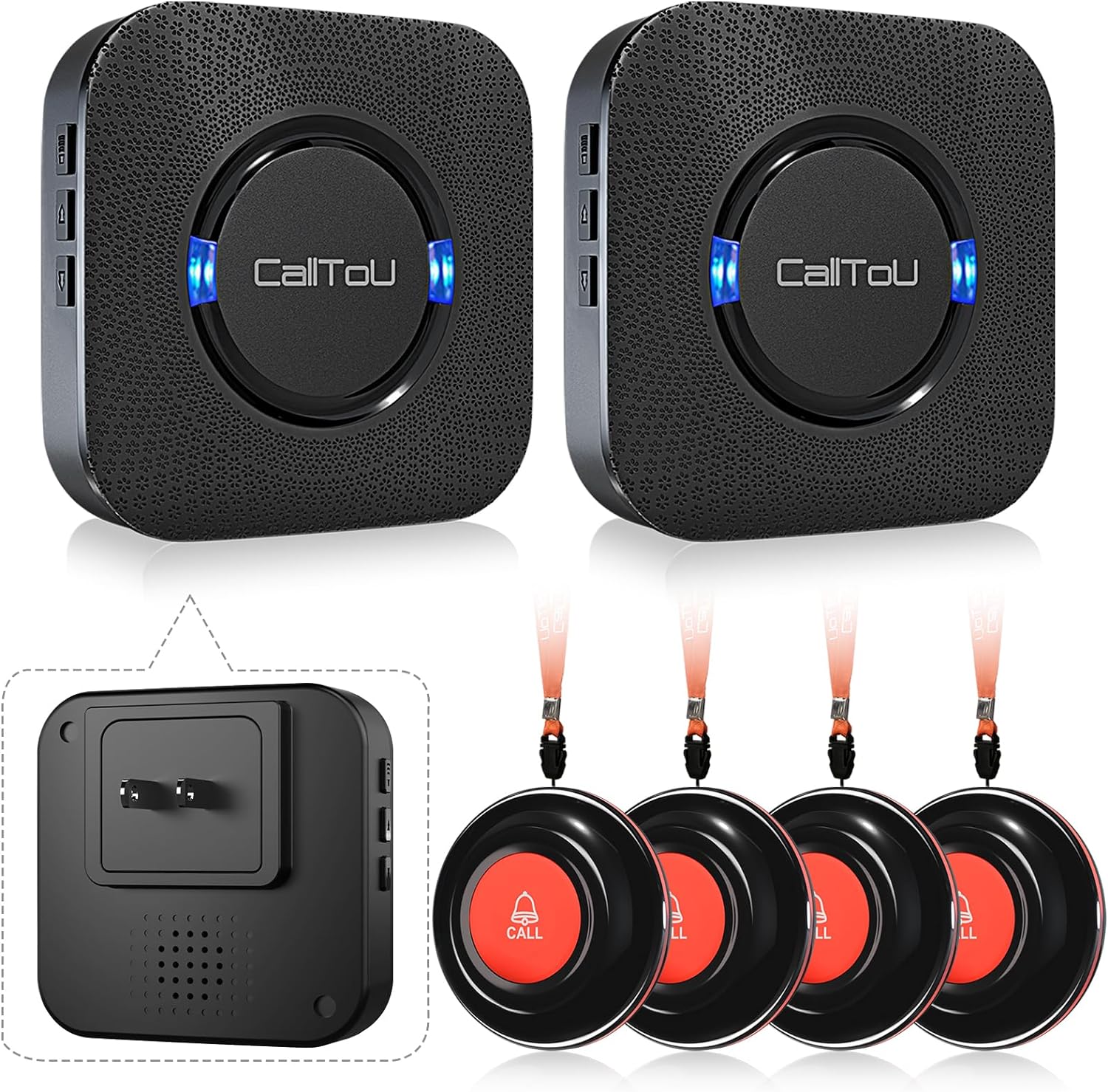 CallToU Caregiver Call Button Wireless Call Bell Alert Button for Seniors/Patients Call Light System for Elderly Home 2 Plugin Receiver 4 Waterproof Transmitter