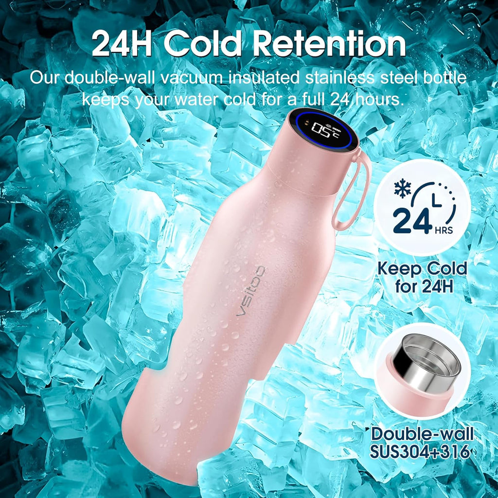 VSITOO 33oz Smart Self Cleaning Water Bottle，Insulated Water Bottle with Stainless Steel, BPA-Free, AI Self-Clean, 30-Day Battery, Magnetic Charging for Travel, Gym or Office, Pink