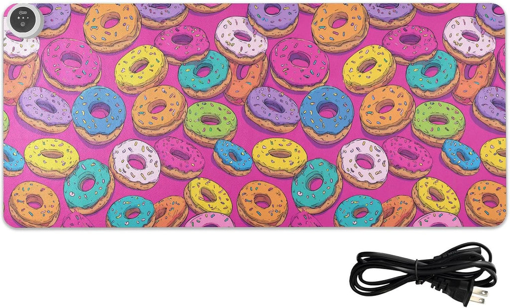 Heated Desk Pad Mouse Pad 31.5x13 Inch PU Leather Desk Mat with 3 Heat Levels Large Mouse Gaming Computer Laptop Mat Cute Donuts Colorful