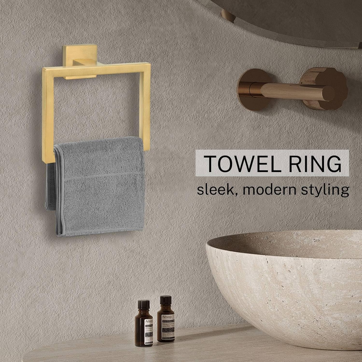 Brushed Gold Towel Ring,Square Hand Towel Holder,Towel Hanger, Bathroom Hardware Accessories,Stainless Steel Wall-Mounted Towel Rack