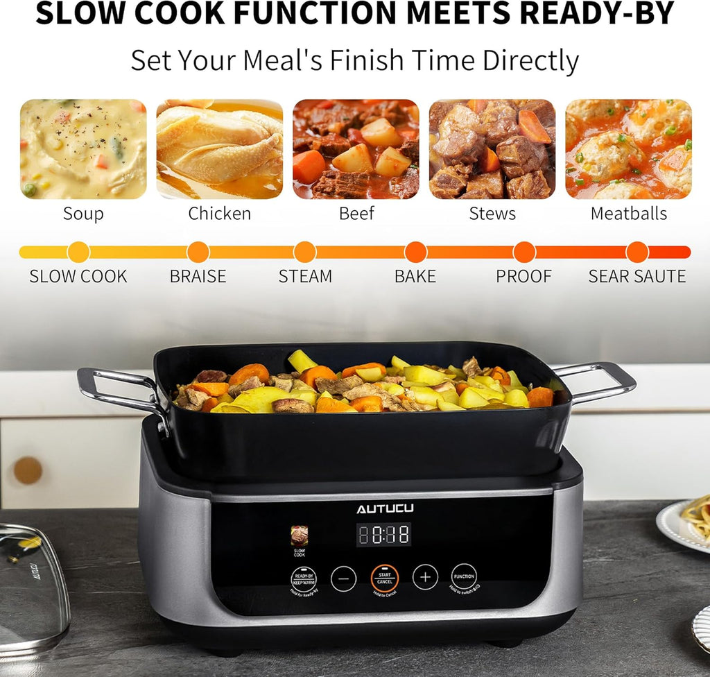 Slow Cooker 7 Quart | Programmable Multi-Cooker PFOA-Free Ceramic Coating, Steamer, Sear sauté, Warm Function (Includes Silicone Spoon)
