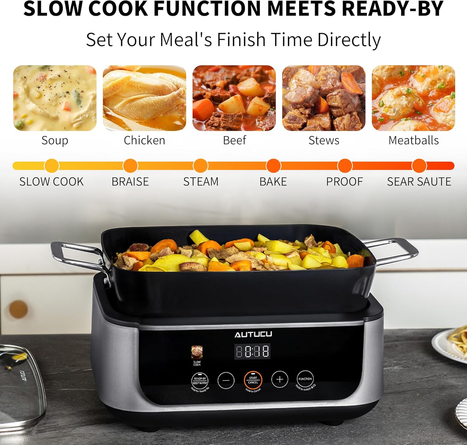 Slow Cooker 7 Quart | Programmable Multi-Cooker PFOA-Free Ceramic Coating, Steamer, Sear sauté, Warm Function (Includes Silicone Spoon)