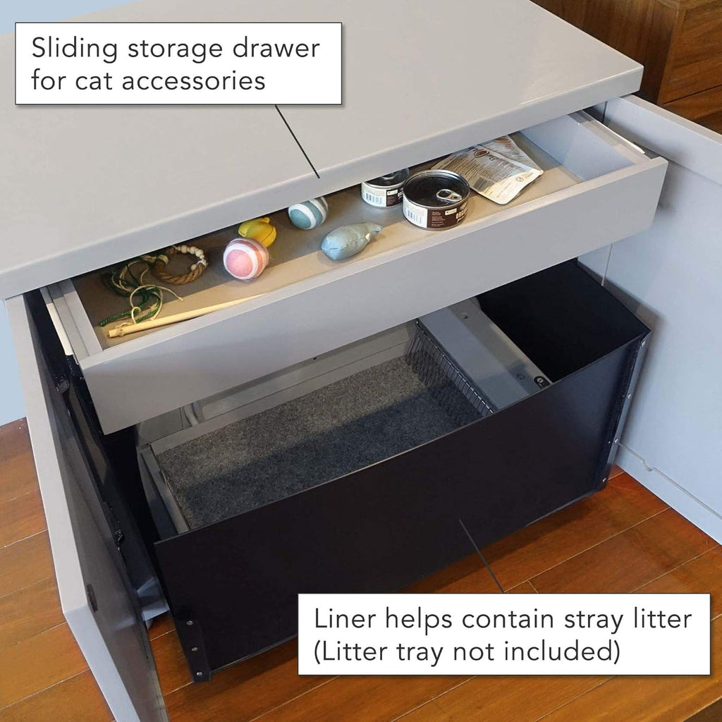 THE REFINED FELINE Cat Litter Box Enclosure Cabinet, Farmhouse, Smoke Gray, Round Feet, XLarge, Hidden Litter Cat Furniture with Drawer
