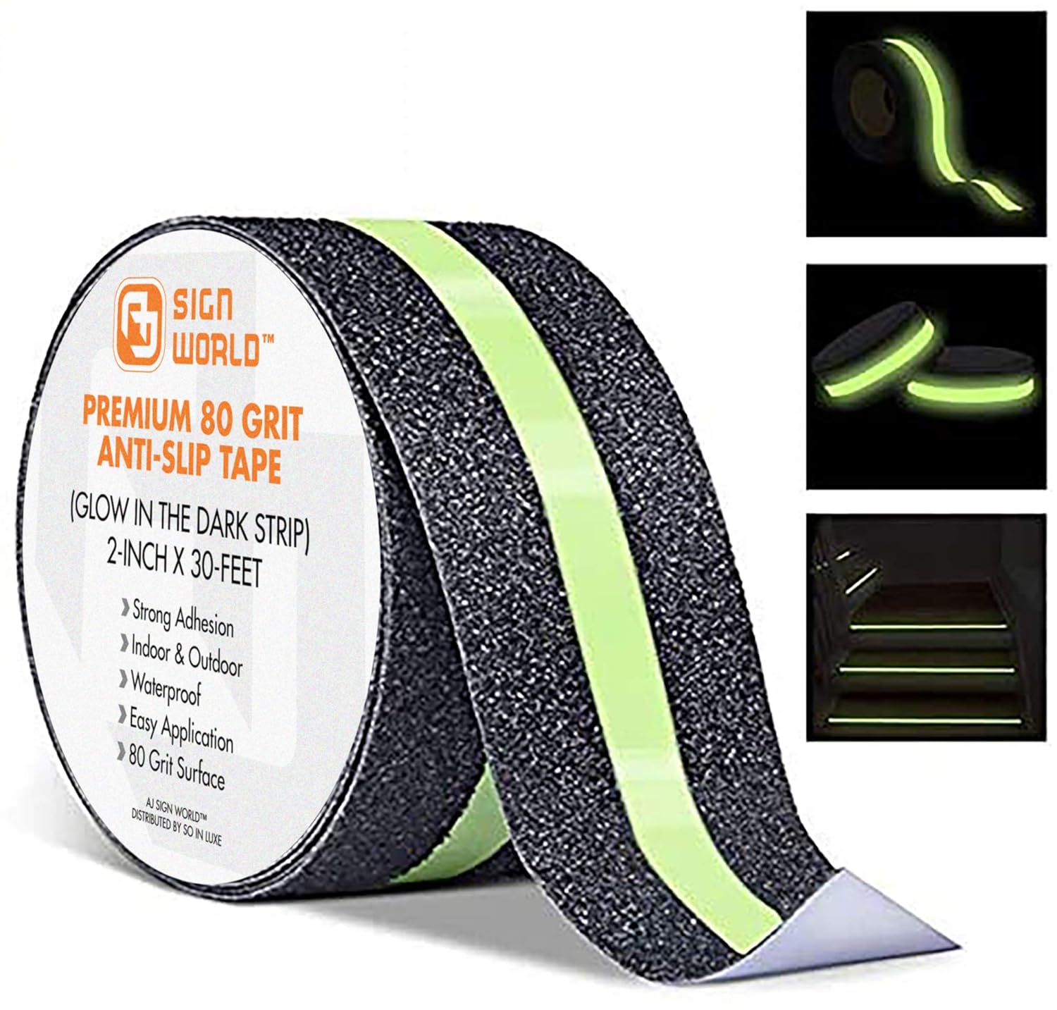 Best Anti-Slip Grip Tape, Black with Glow in The Dark Strip, 2" x 30 FT, 80 Grit, Industrial Grade, Indoor, Outdoor, Weatherproof (2-Inch x 30 Feet Roll)
