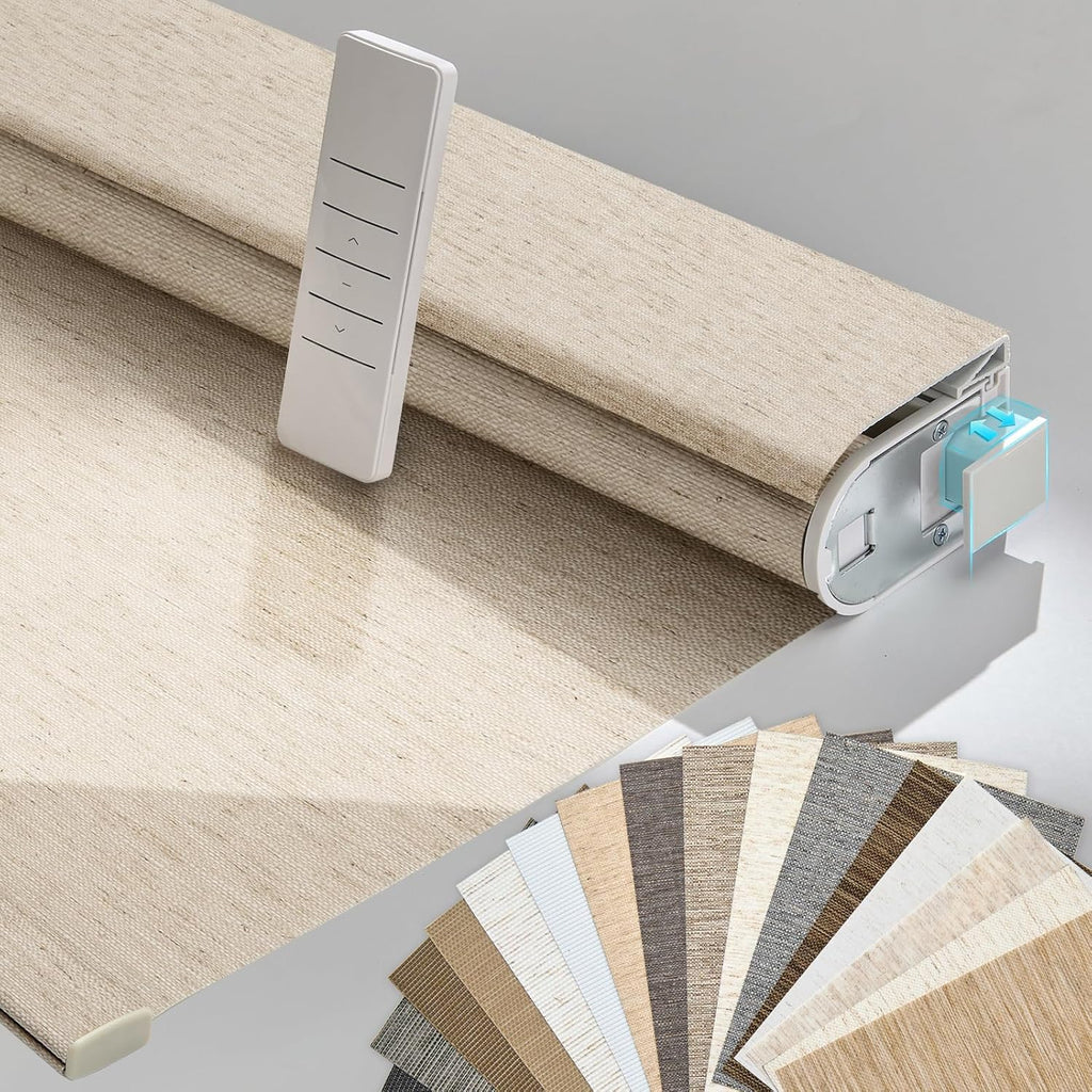 Persilux Smart Motorized Blinds with Remote, No Drill Automatic Roller Shades for Indoor Windows, Light Filtering Linen Fabric, Electric Blinds for Windows, Linen Beige C156-2, Custom Size