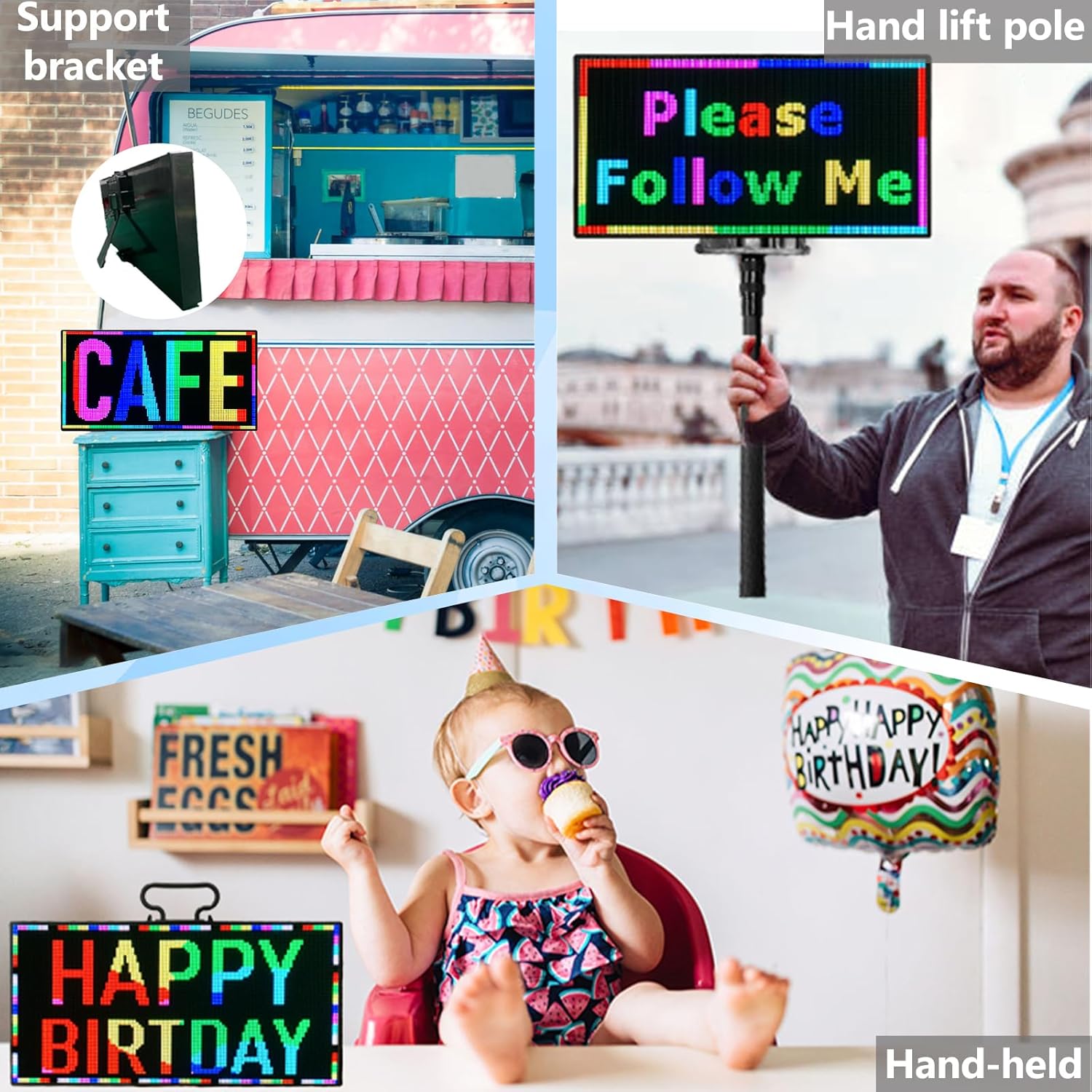 P3 Indoor Portable LED Digital Board 15“x7”, for Airport Pickups, Concerts, and Street Food WiFi Controlled Programmable Sign Custom Text, Simple Icons, Menu Board LED Scrolling Sign Handheld Business Message Board