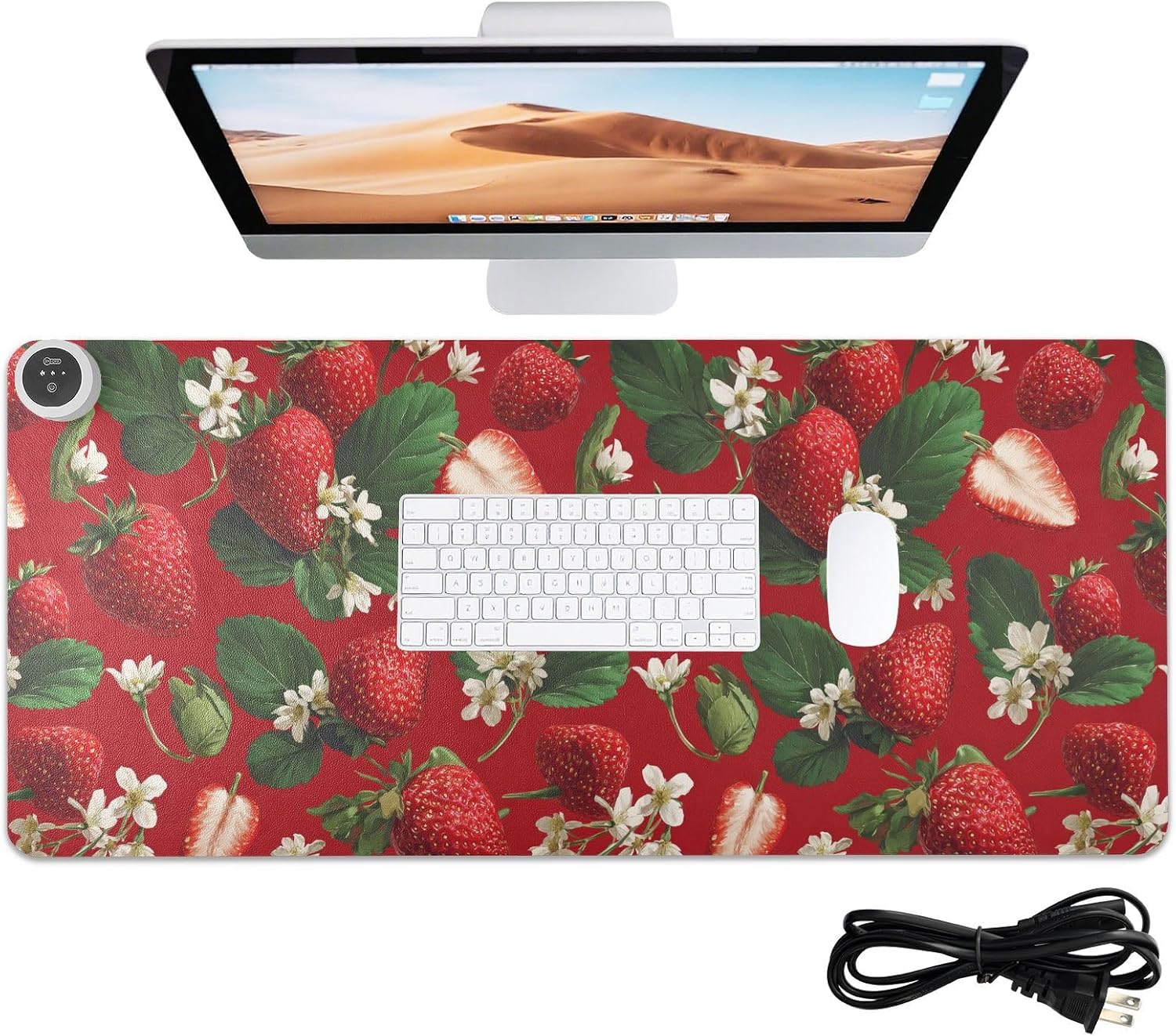 Heated Desk Pad Mouse Pad 31.5x13 Inch PU Leather Desk Mat with 3 Heat Levels Large Mouse Gaming Computer Laptop Mat Red Strawberries Flowers