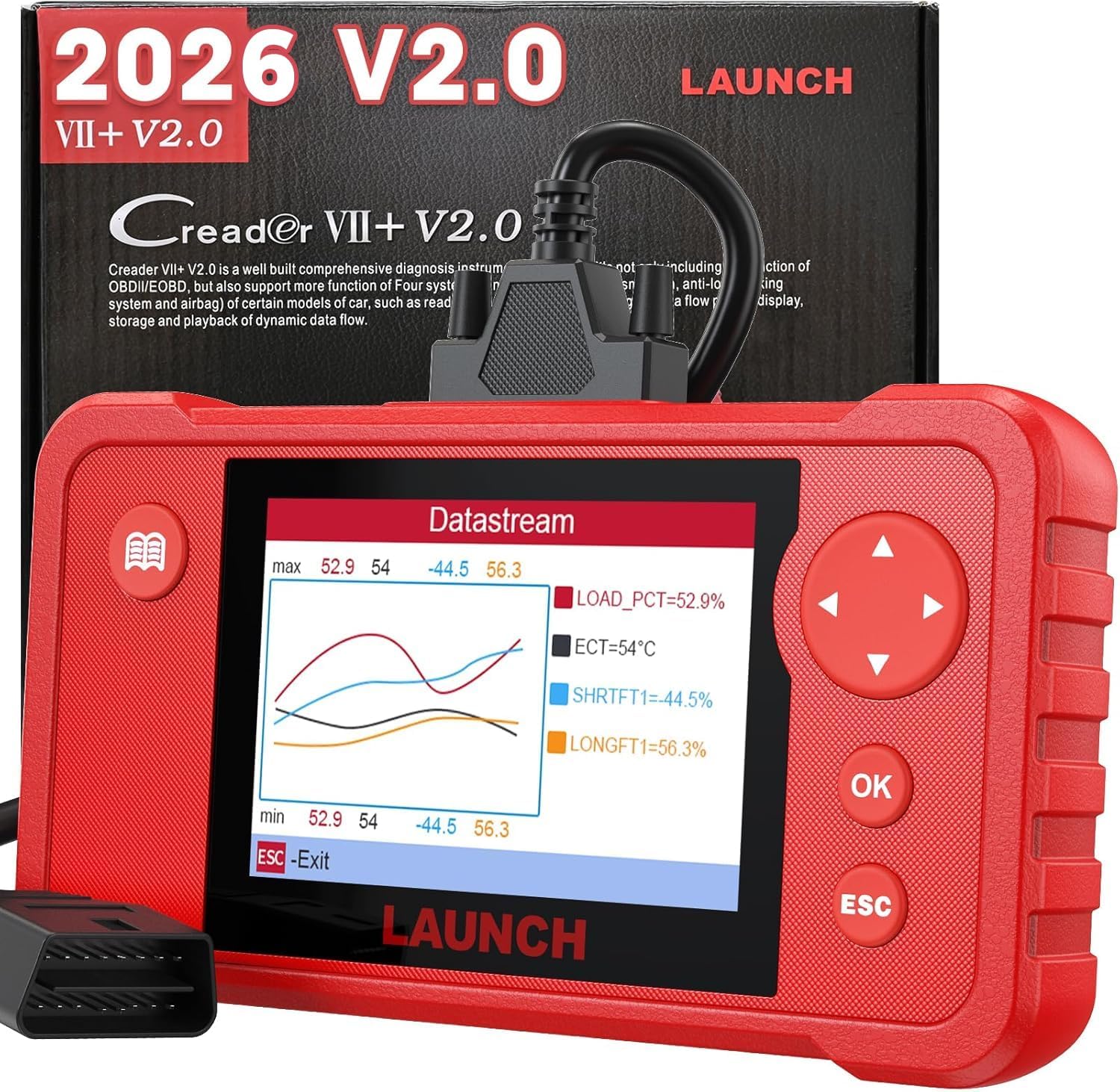LAUNCH Creader VII+ V2.0 OBD2 Scanner, 2026 New Engine/Transmission/ABS/SRS Diagnostic Scan Tool With Oil Reset/Throttle Adaption/SAS Relearn, Check Engine Code Reader, Full OBD2, Lifetime Free Update