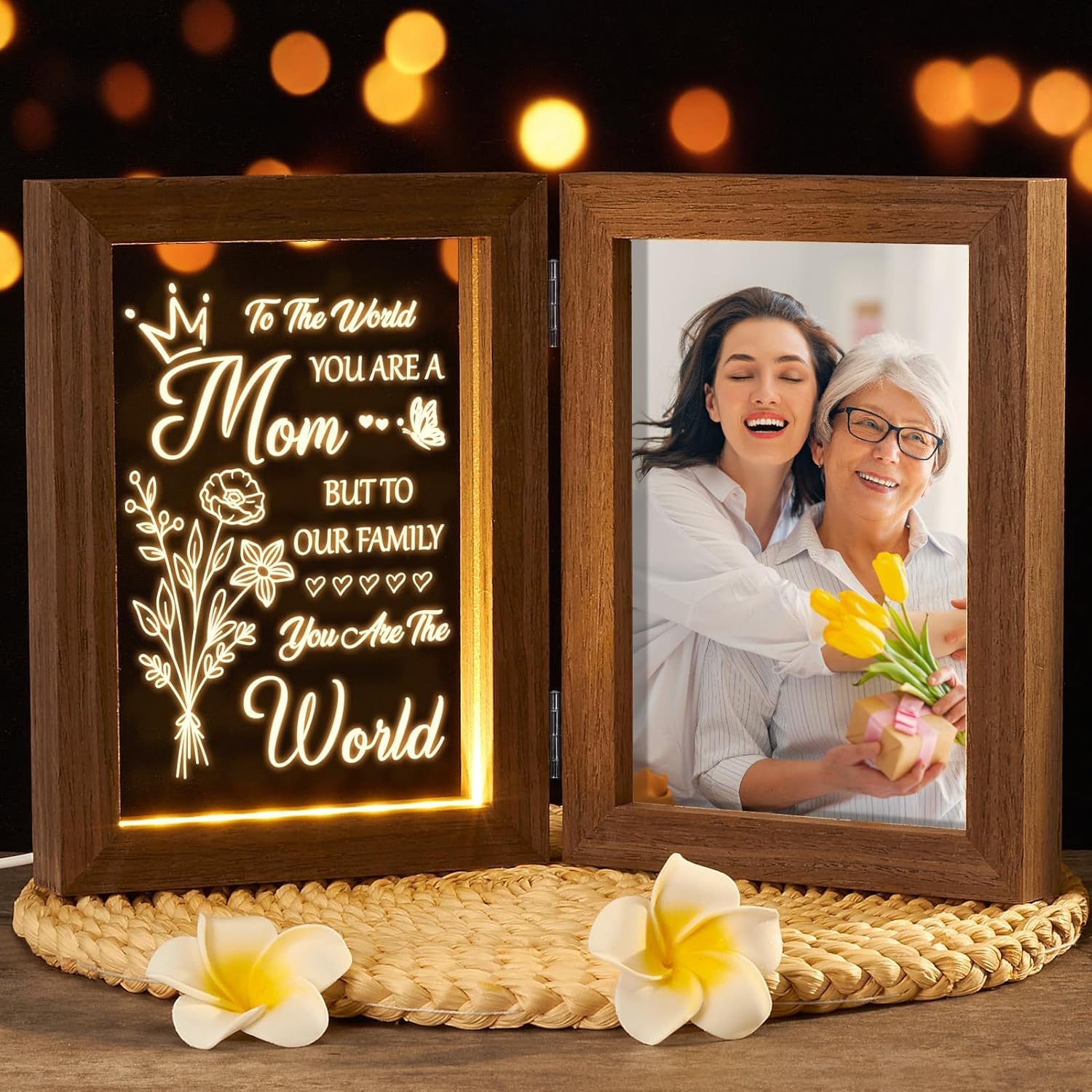 Tiblue Christmas Gifts for Mom from Daughter Son Best Mom Gifts Unique, Engraved Night Light with Mother Picture Frame 5x7, Solid Wood New Mama Mothers Day Gift for Mother-in Law Wife
