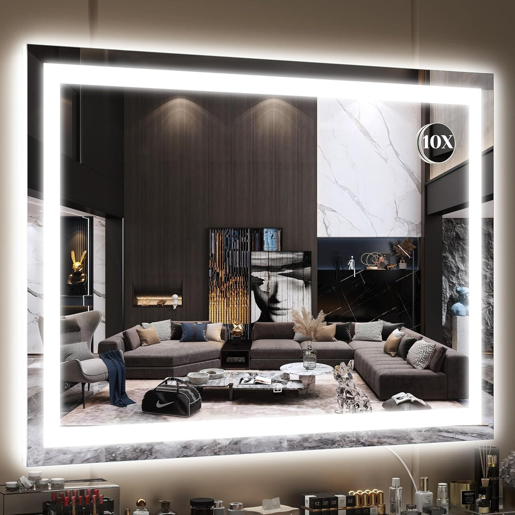 FENNIO Large Vanity Mirror with Lights，40" x 28"Makeup Mirror with Lights，Hollywood Mirror with 3 Color Modes & Adjustable Brightness，Vanity Mirror Square White