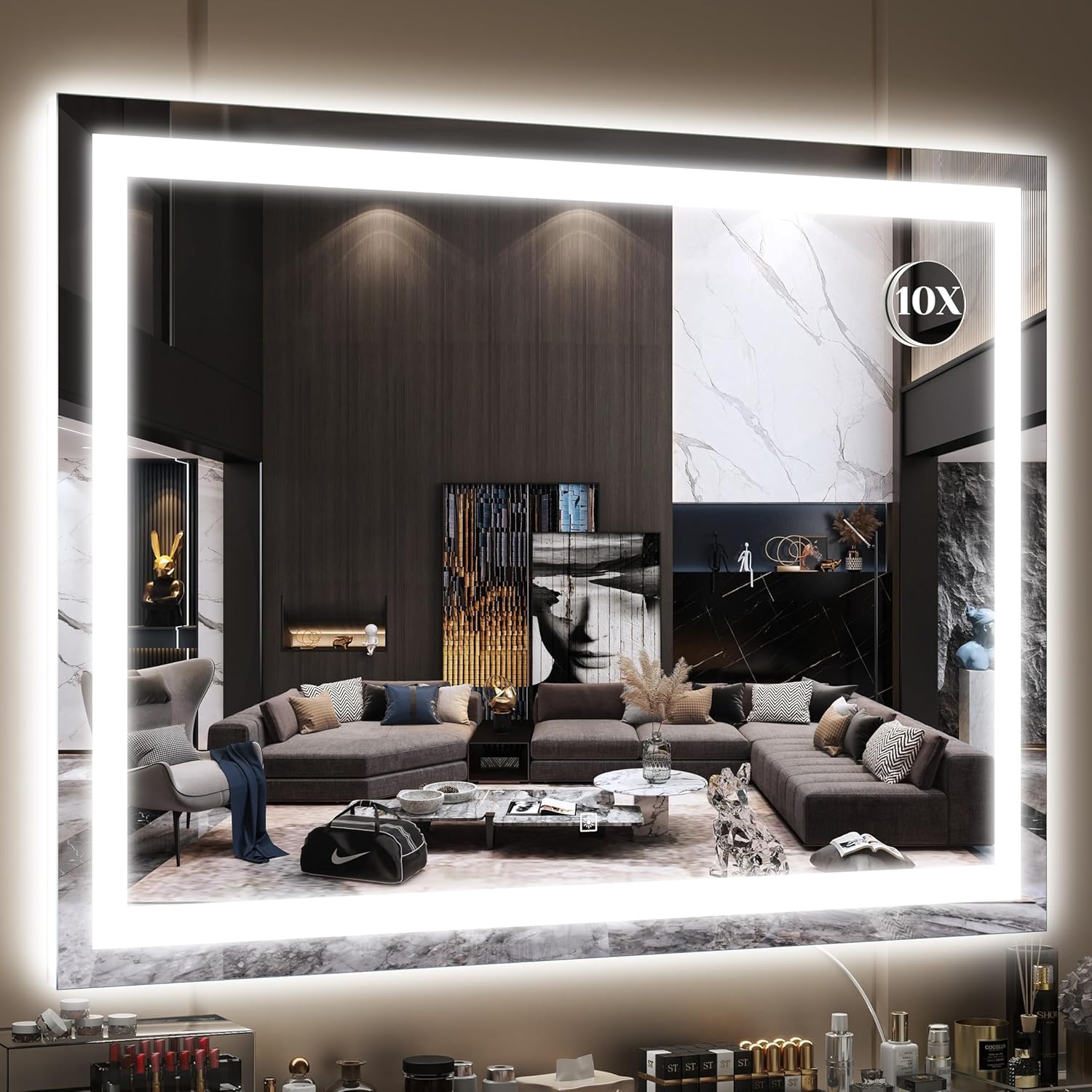 FENNIO Large Vanity Mirror with Lights，40" x 28"Makeup Mirror with Lights，Hollywood Mirror with 3 Color Modes & Adjustable Brightness，Vanity Mirror Square White
