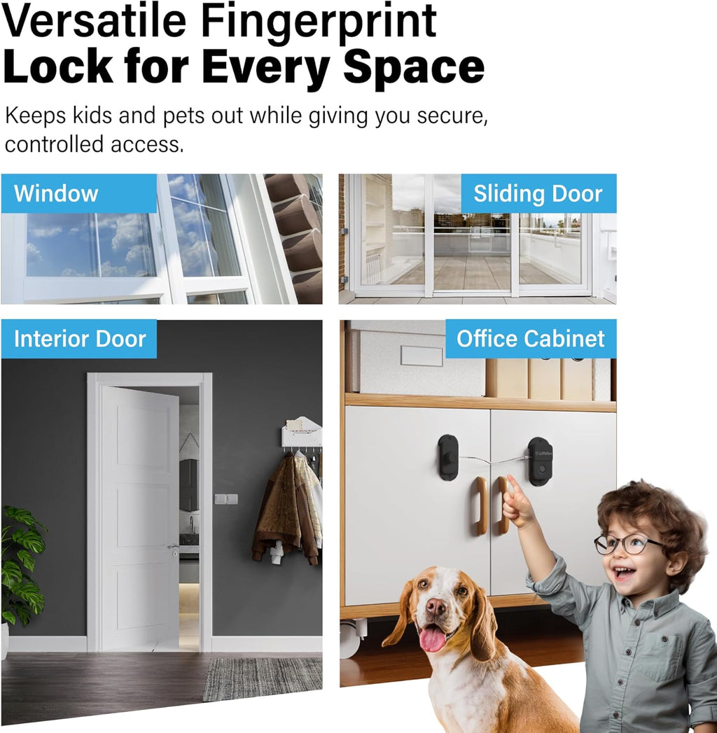 Fingerprint Fridge Lock - Childproof Security Locking for Refrigerator Freezer Cabinet Furniture Doors - 90 Degree Cable Window Locks Smart Biometric Access with Adhesive Drill Installation