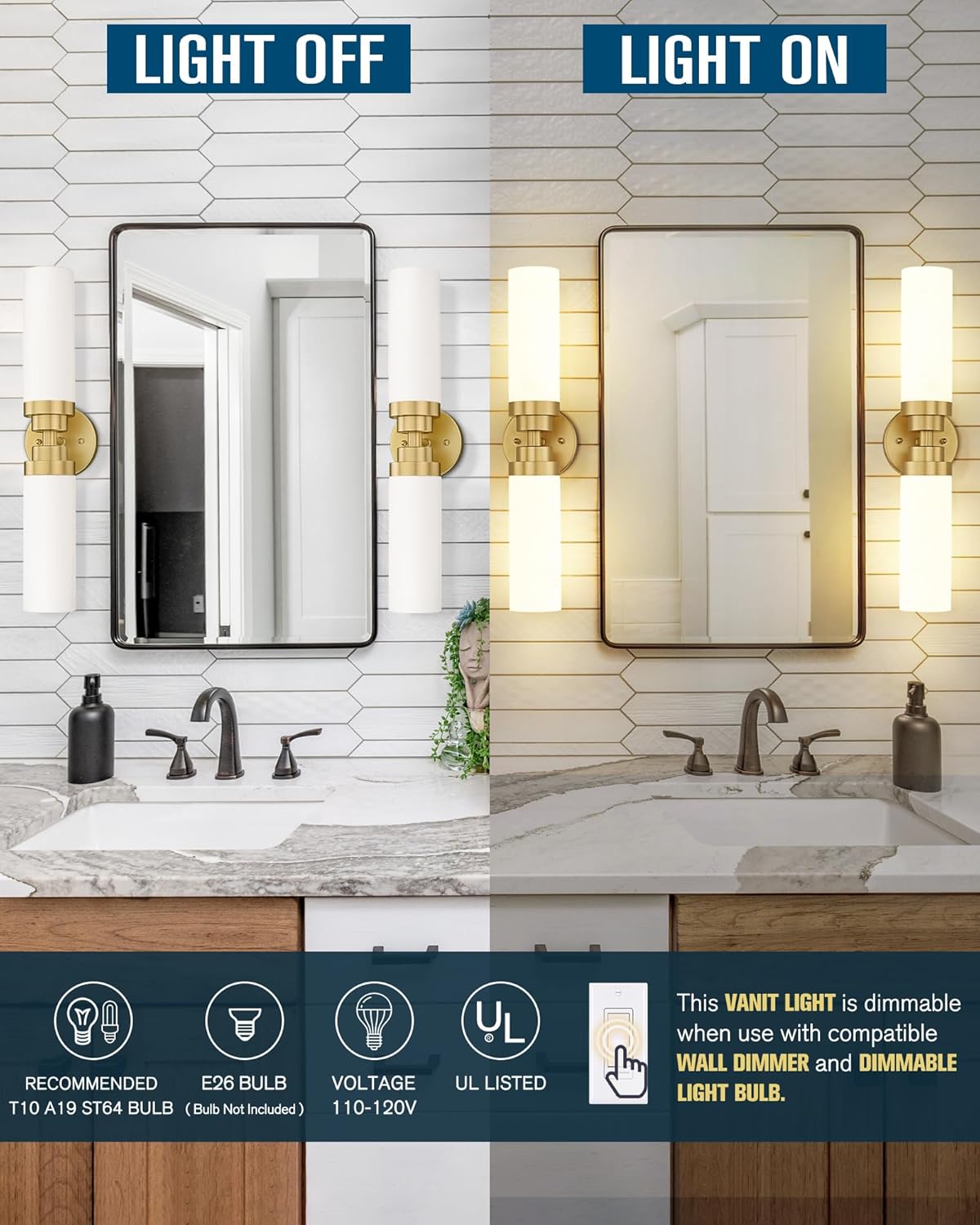Emak 22 Inch Gold Bathroom Light Fixtures Over Mirror, 2 Light Bathroom Vanity Light with Milk Glass Shade, Modern Wall Sconce Set of Two for Bath, Hallway, VL085-GDL-ML-2-2PK