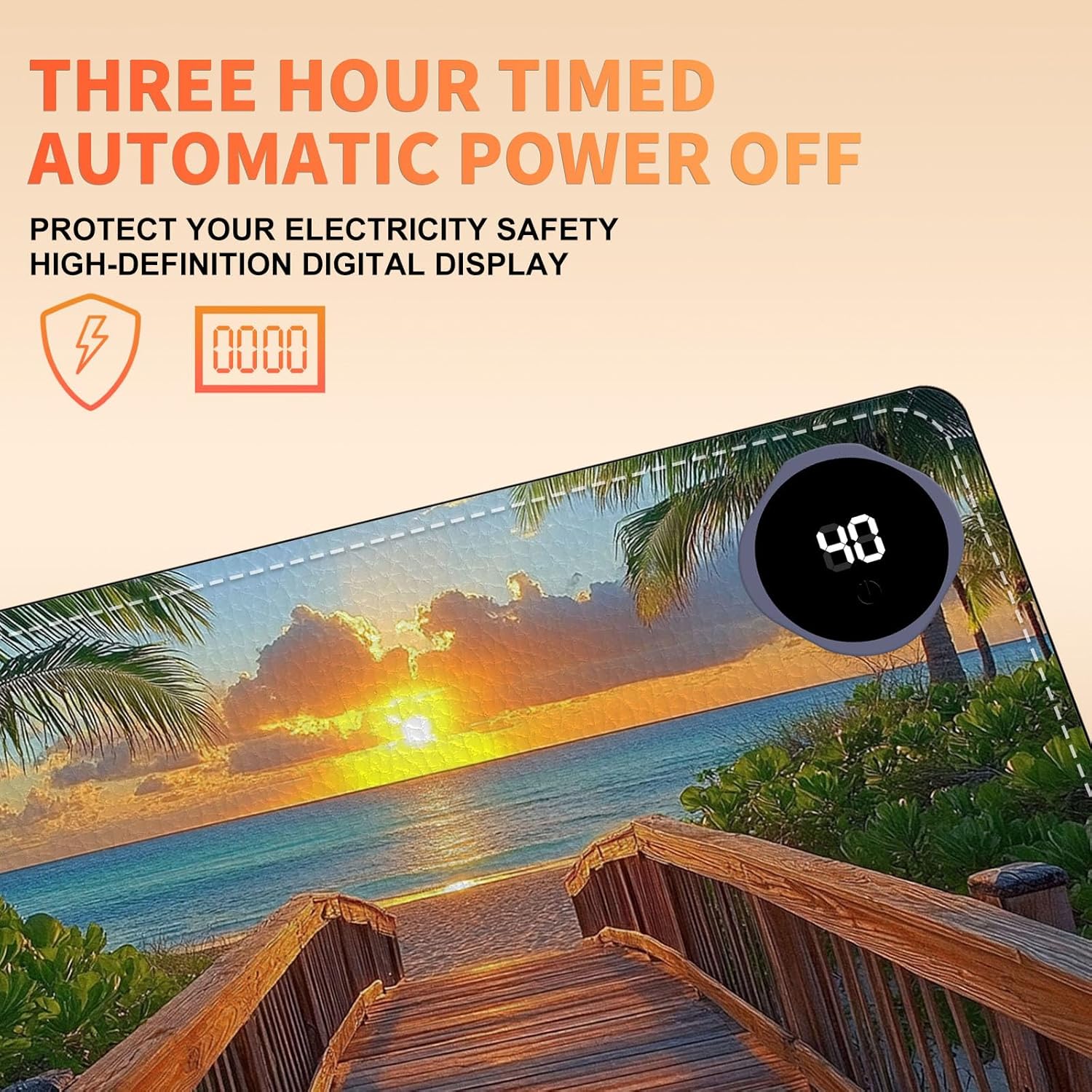 Heated Mouse Pad 23.6 x 14 in 3-Temp Fast Heating Desk Mat with Auto Timer Warmer for Hands Wrist Pain Relief Waterproof Keyboard Mat for Office, Gaming, Home, Sunset Beach Pathway