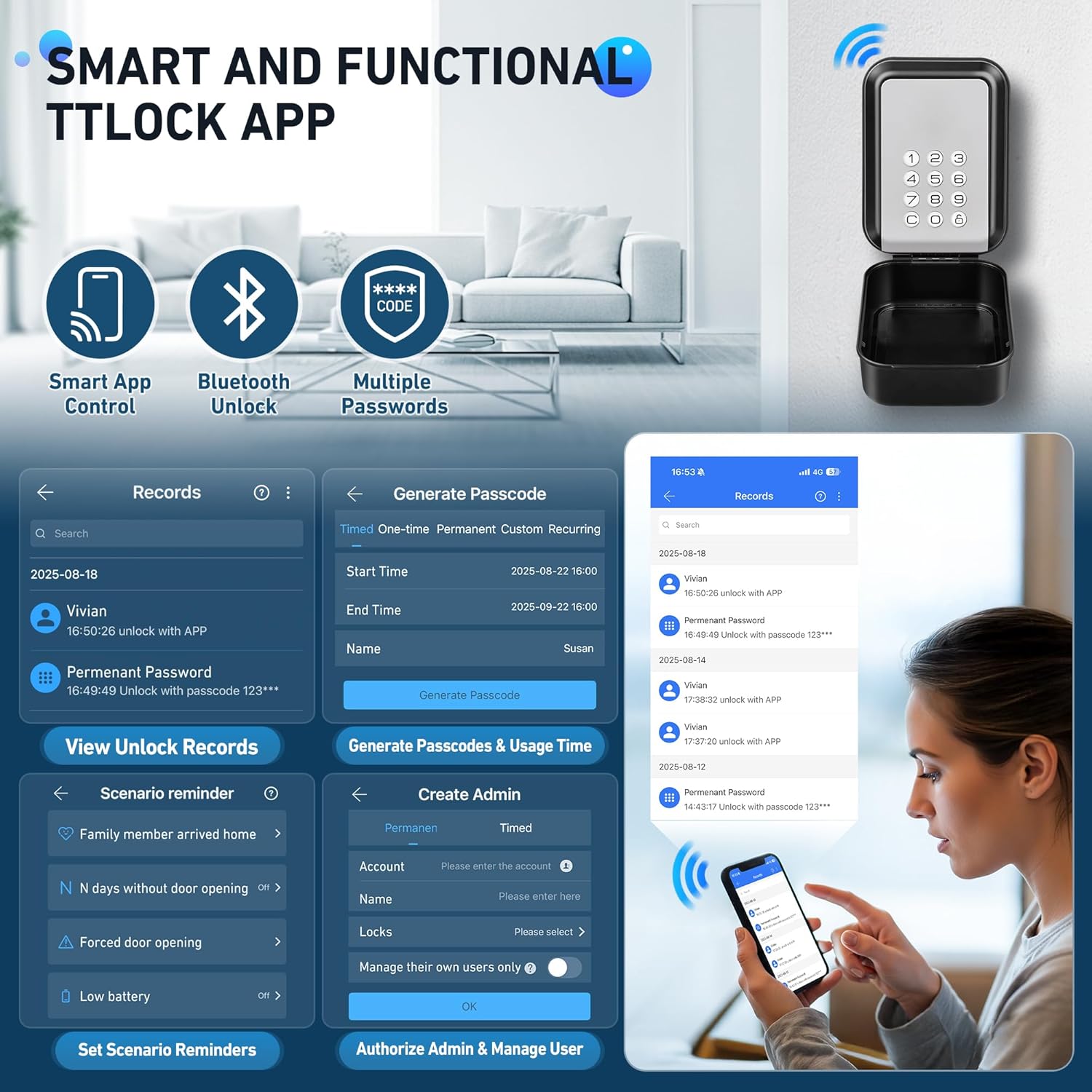 HUANLANG Smart Key Lock Box - Bluetooth Electronic Lock Box for Keys, Wall Mount Digital Key Storage with App Control & PIN Code Types, IP65 Waterproof lockbox for Home, Airbnb, Realtor and Office