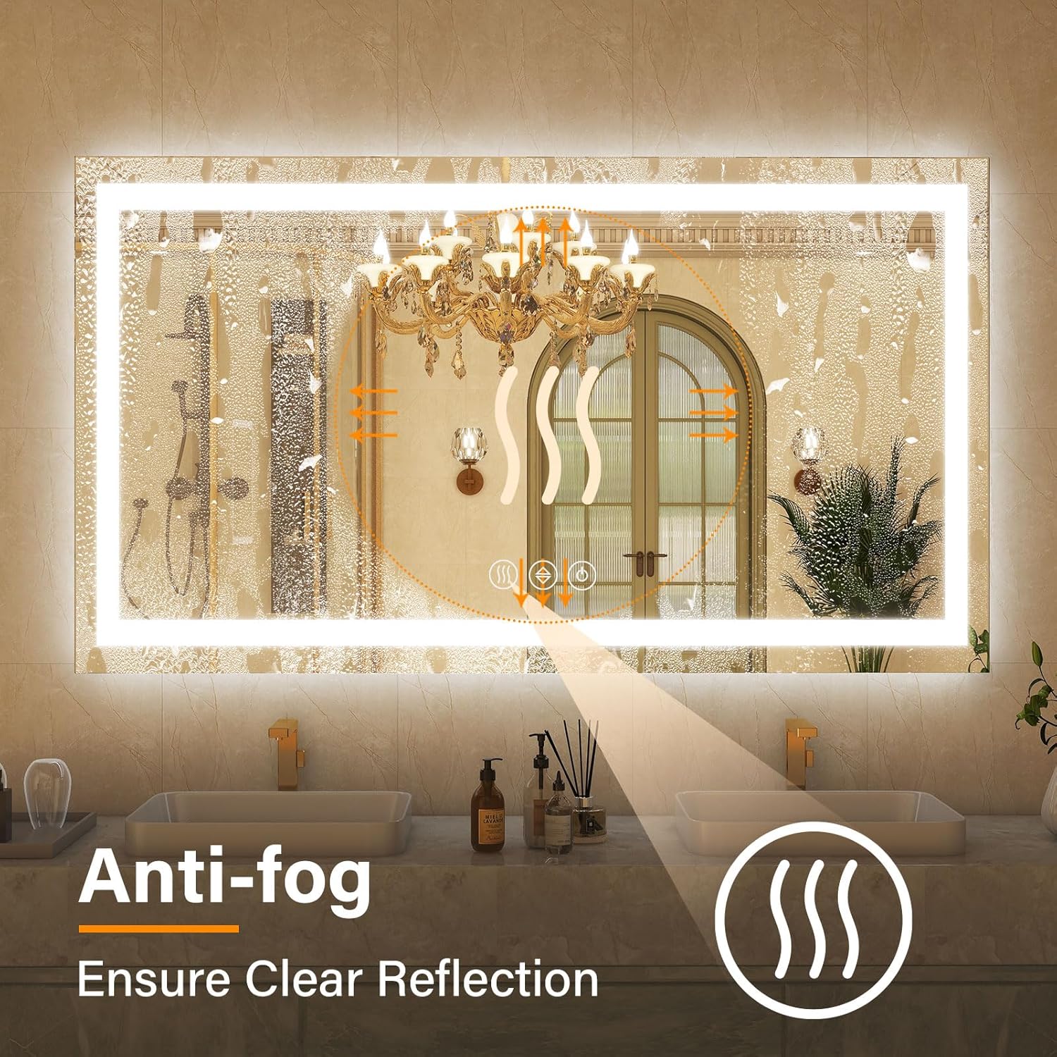 GLSLAND LED Bathroom Mirror - 48"x32" Anti-Fog Lighted Wall Mirrors with Memory Function, Dimmable, Frontlit & Backlit, Horizontally/Vertically, Tempered Glass