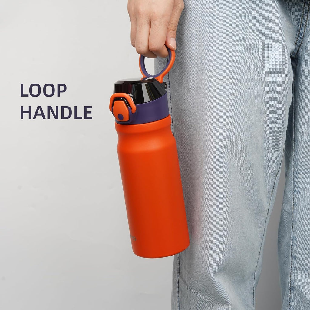 Insulated Water Bottle with Straw and Carry Loop,18 oz Stainless Steel Double Wall Vaccum Metal Water Flask with Leak-proof Lid,Orange