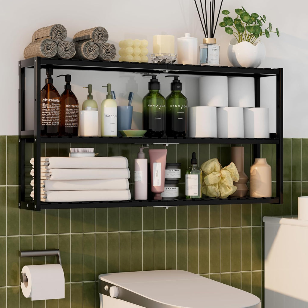 Extra Long Bathroom Organizer Storage Shelves 100% Bamboo Adjustable Height Over The Toilet Storage Floating Shelf for Wall Shower Shelf Can Placed in The Bathroom Kitchen Living Room for Multi Usage