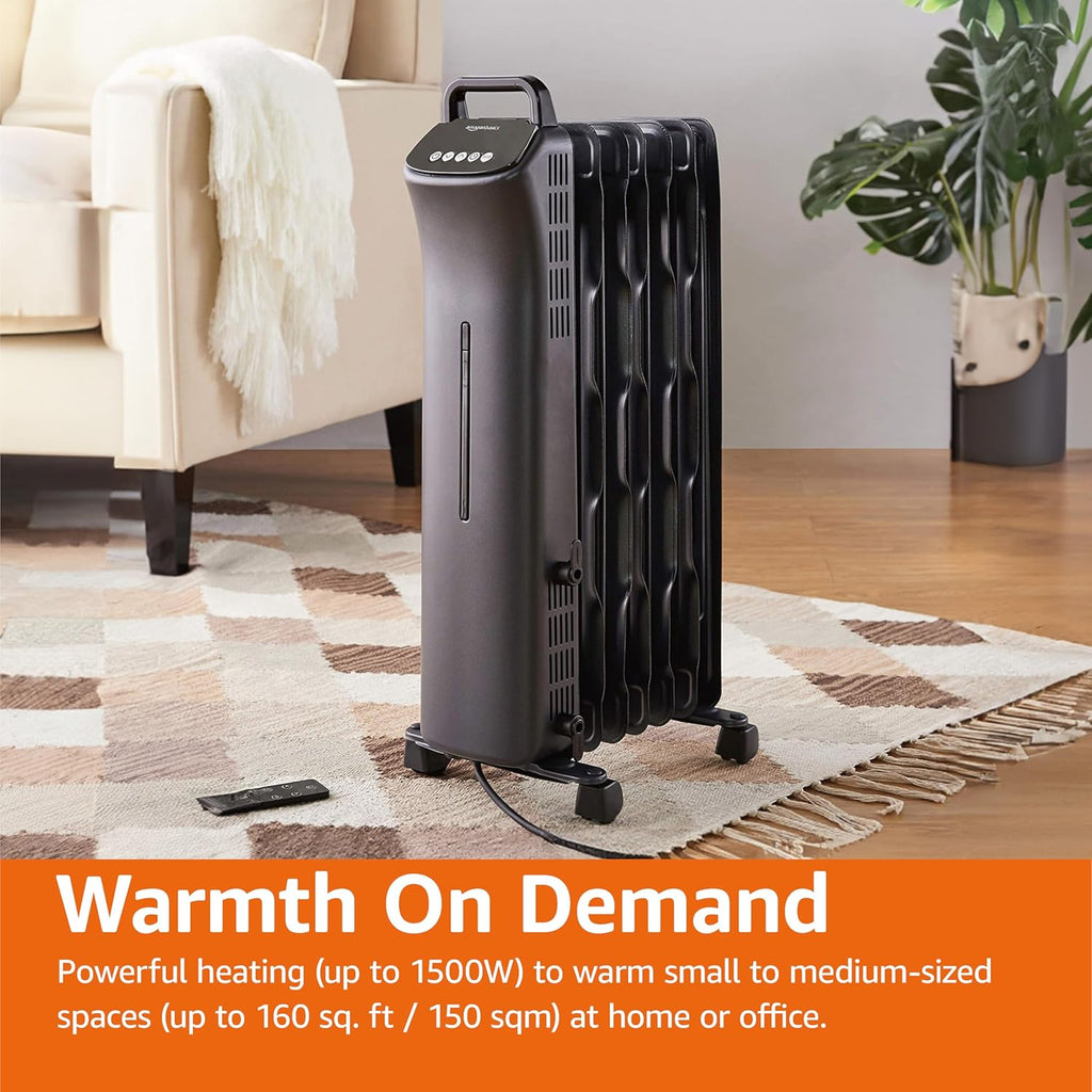 Amazon Basics Oil Space Heater with Remote Control, Portable Radiator Heater with 7 Oil-Filled Fins Indoor Uses, 3 Heat Settings, Thermostat, Tip-Over Protection, ETL Safety Certificate, 1500W, Black