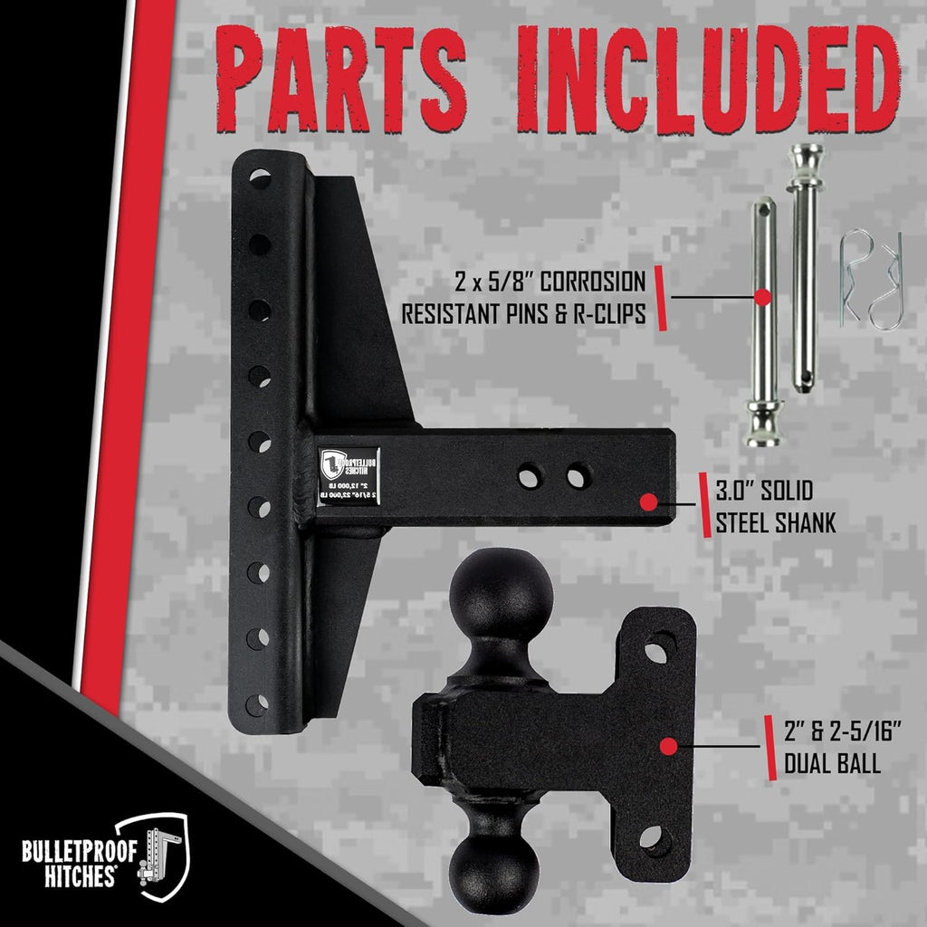 BulletProof Hitches - 3.0" Adjustable Heavy Duty Trailer Hitch (22,000 lb. Rating) - Offset 4" & 6" Drop/Rise Trailer Hitch with 2" & 2-5/16" Dual Ball - Powder Coat, Solid Steel, Corrosion-Resistant