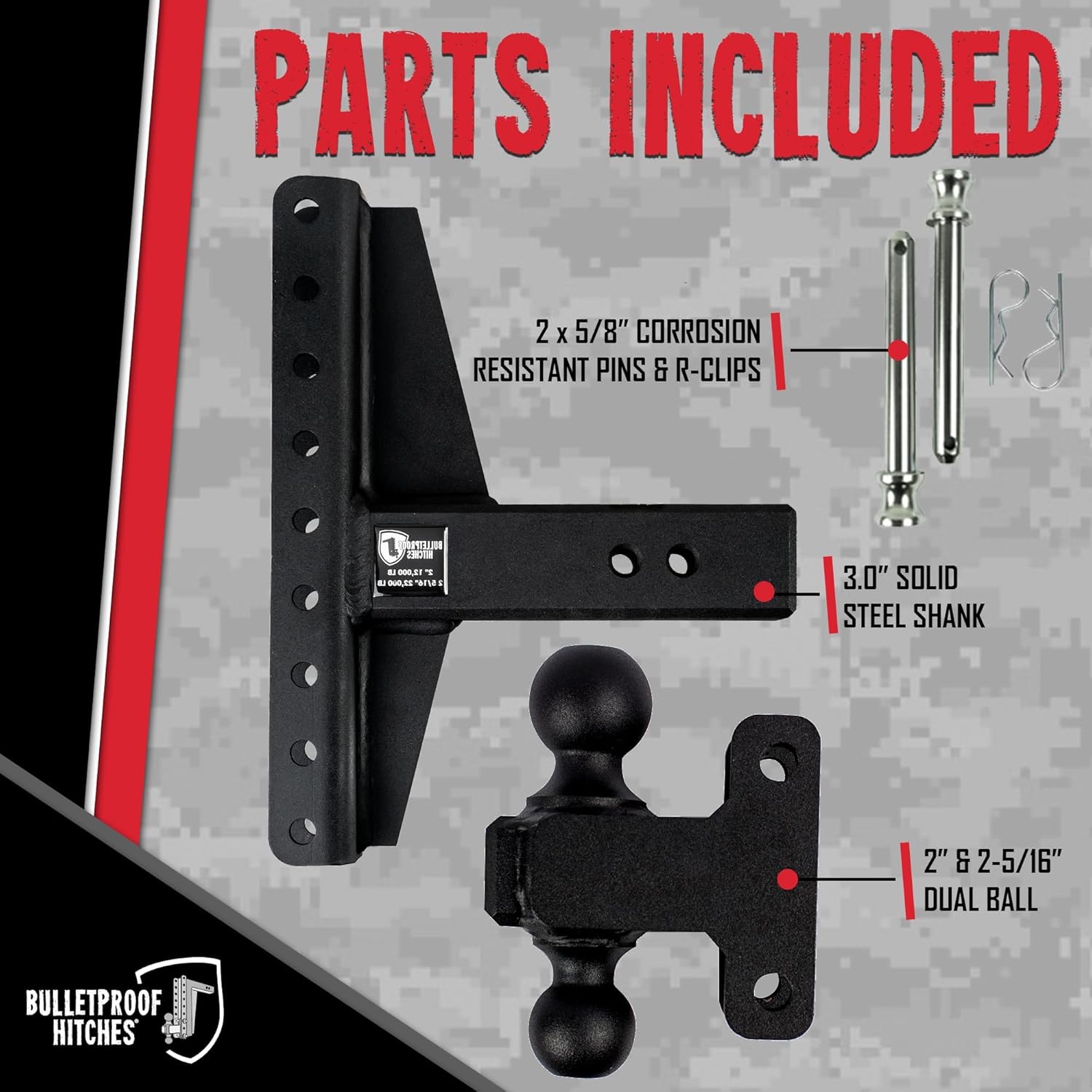 BulletProof Hitches - 3.0" Adjustable Heavy Duty Trailer Hitch (22,000 lb. Rating) - Offset 4" & 6" Drop/Rise Trailer Hitch with 2" & 2-5/16" Dual Ball - Powder Coat, Solid Steel, Corrosion-Resistant
