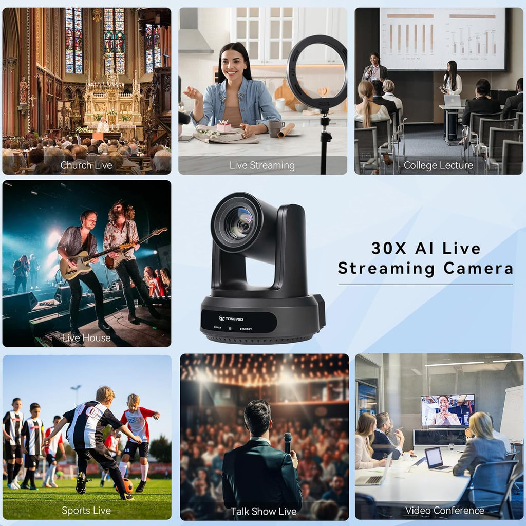 TONGVEO AI Auto-Tracking IP PTZ Camera SDI/HDMI/USB3.0/LAN PoE 30X Optical + 16X Digital Zoom 1080P 60fps for Live Streaming Church Services Education Video Conference with OBS vMix and More