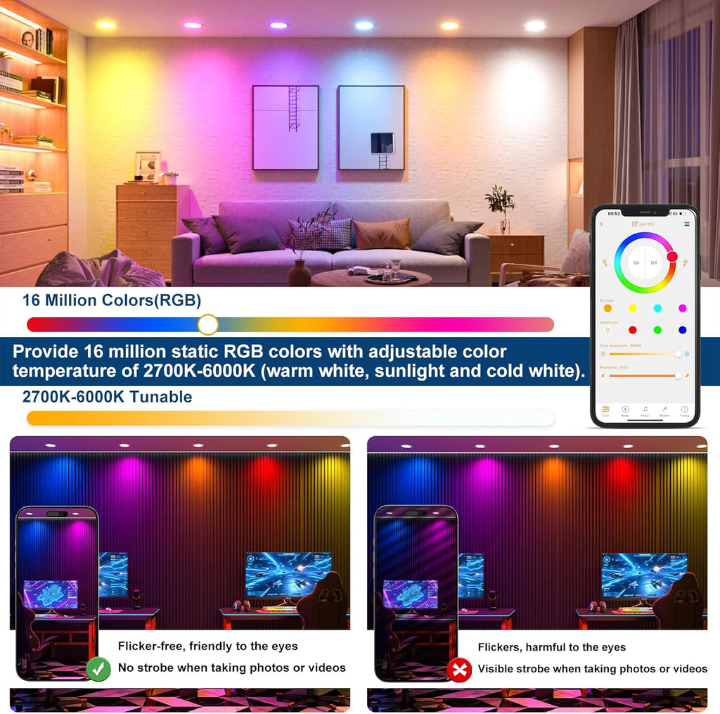 Black Smart Recessed Lighting 4 Inch RGBCW Color Changing 12W LED Downlight with Junction Box,1000 Lumen Recessed Ceiling Light Compatible with Alexa,Dimmable by Bluetooth Control -1Pack