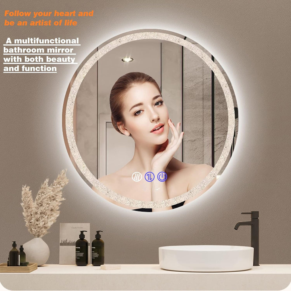 LED Round Crystal Bathroom Mirror - 24 Inch Circle Vanity Mirror with 3 Color Lights