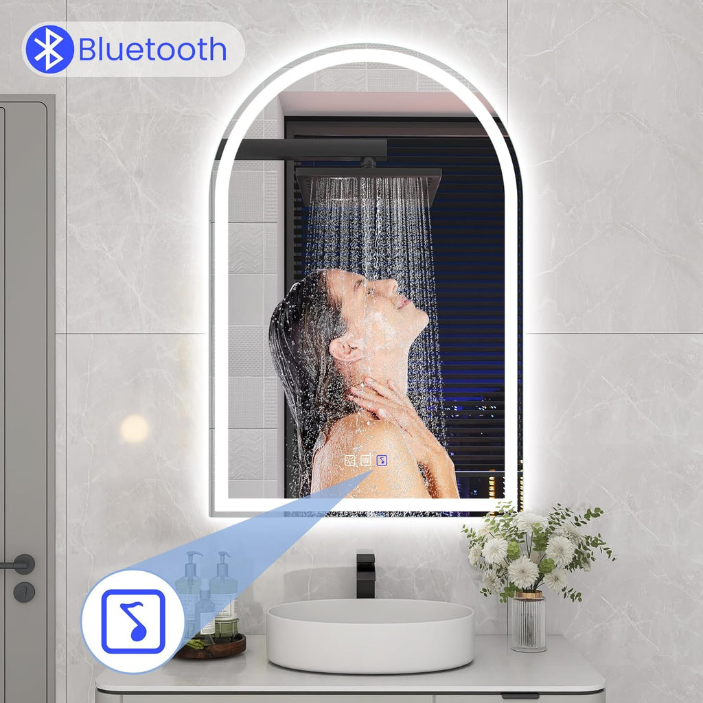 STARLEAD 32"x20" LED-Bathroom-Mirror-with-Lights, Wall-Mounted with Bluetooth Speaker, Anti-Fog, 3 Color Temperature, Dimmable Brightness, IP65 Waterproof, Tempered Glass, Frontlit & Backlit, Arched