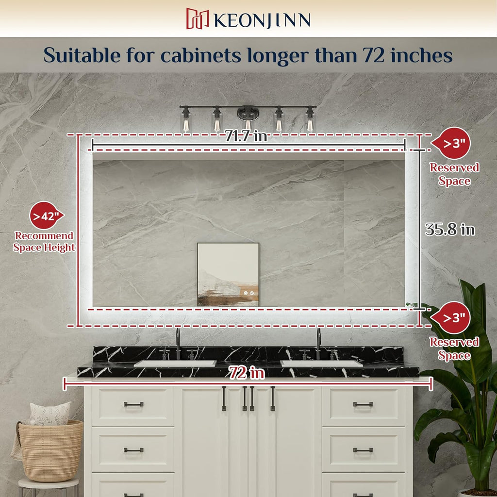 Keonjinn LED Backlit Mirror 72” x 35.9” Oversized Lighted Bathroom Mirror with UL Listed LED Driver, Large Stepless Dimmable Wall Mirror, Tempered Glass, CRI90+ Anti Fog Vanity Mirror with Backlights
