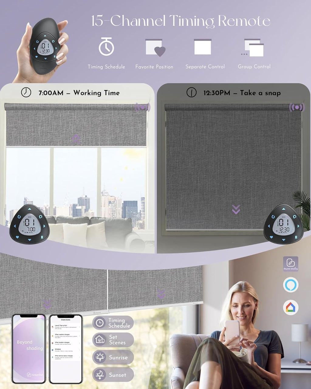 Graywind Motorized Roller Shades Work with Alexa Google Smart Blackout Shades with Remote Insulated Triple Weaved Fabric Window Blinds with Valance for Smart Home Office, Customized Size (Light Grey)