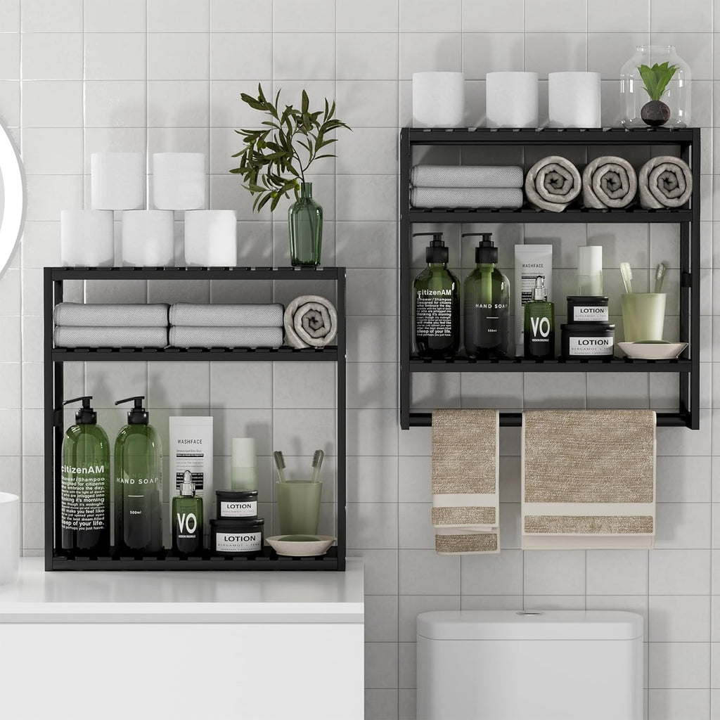 PPN Towel Rack Bathroom Storage Shelves Over The Toilet with Towel Bar 100% Bamboo Adjustable Height Floating Shelf Wall Shower Shelf for Small Space Bathroom Kitchen Multi Usage (Black-2Pack)