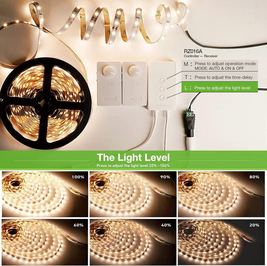 RAYZEEK Wireless Motion Activated LED Strip Lights,19.7FT LED Strip Lights with Power Adapter,RF Wireless Motion Sensor Control Dimmer,Timing,Warm White (1×Controller+2×Motion Sensor)