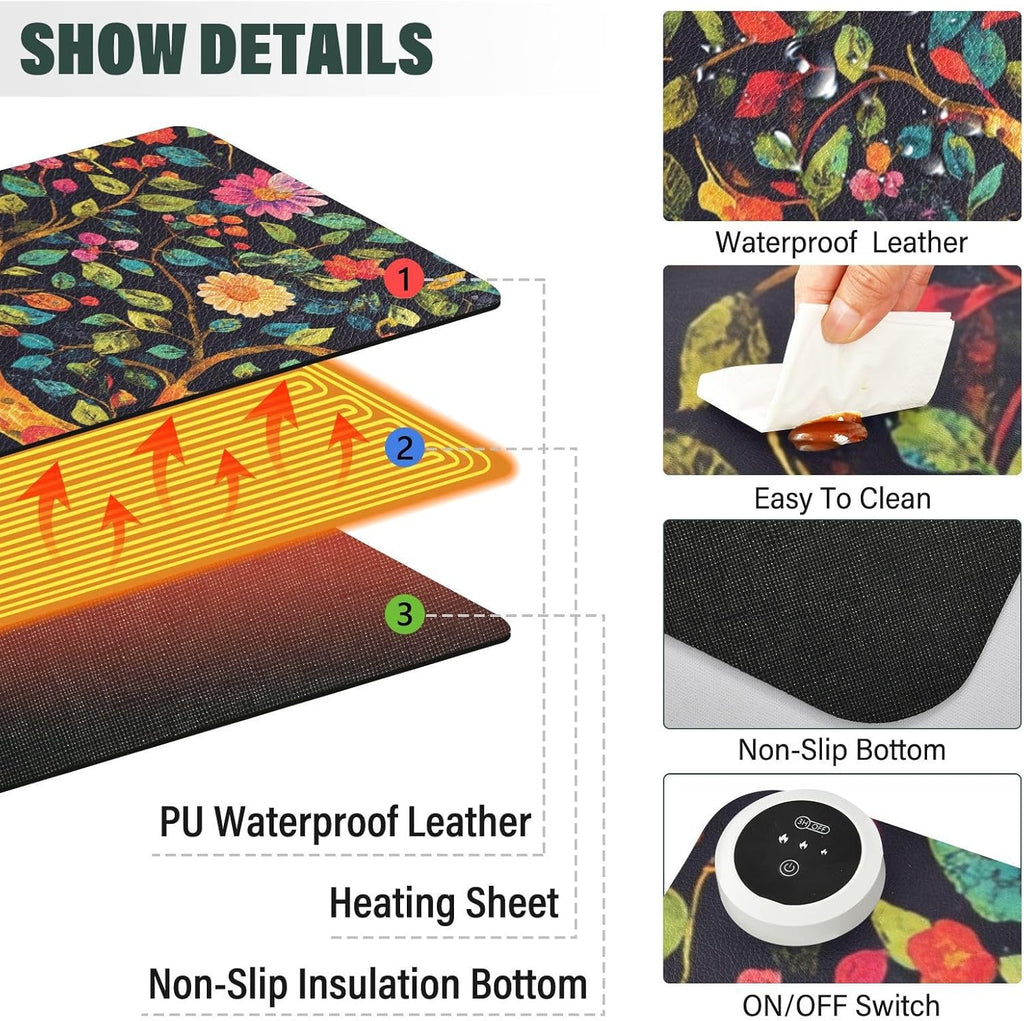 Heated Desk Pad Mouse Pad 31.5x13 Inch PU Leather Desk Mat with 3 Heat Levels Large Mouse Gaming Computer Laptop Mat Tree of Life Floral Leaves Black