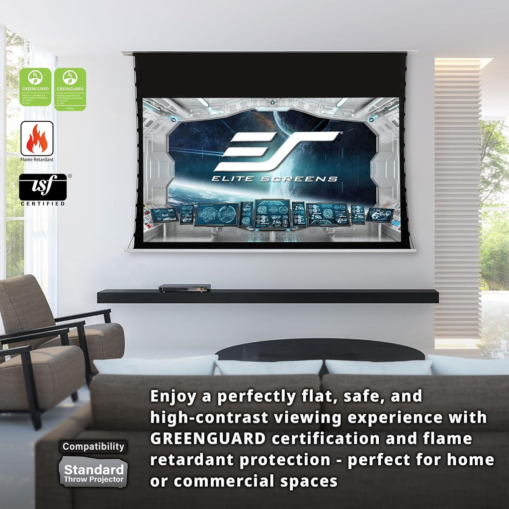 Elite Screens Evanesce Tab-Tension B CineGrey 5D, 106-inch 16:9, in Ceiling Concealed Electric Motorized Drop Down Projector Screen w Ambient Light Rejecting CG5D Projection Material, ETB106HD5-E16