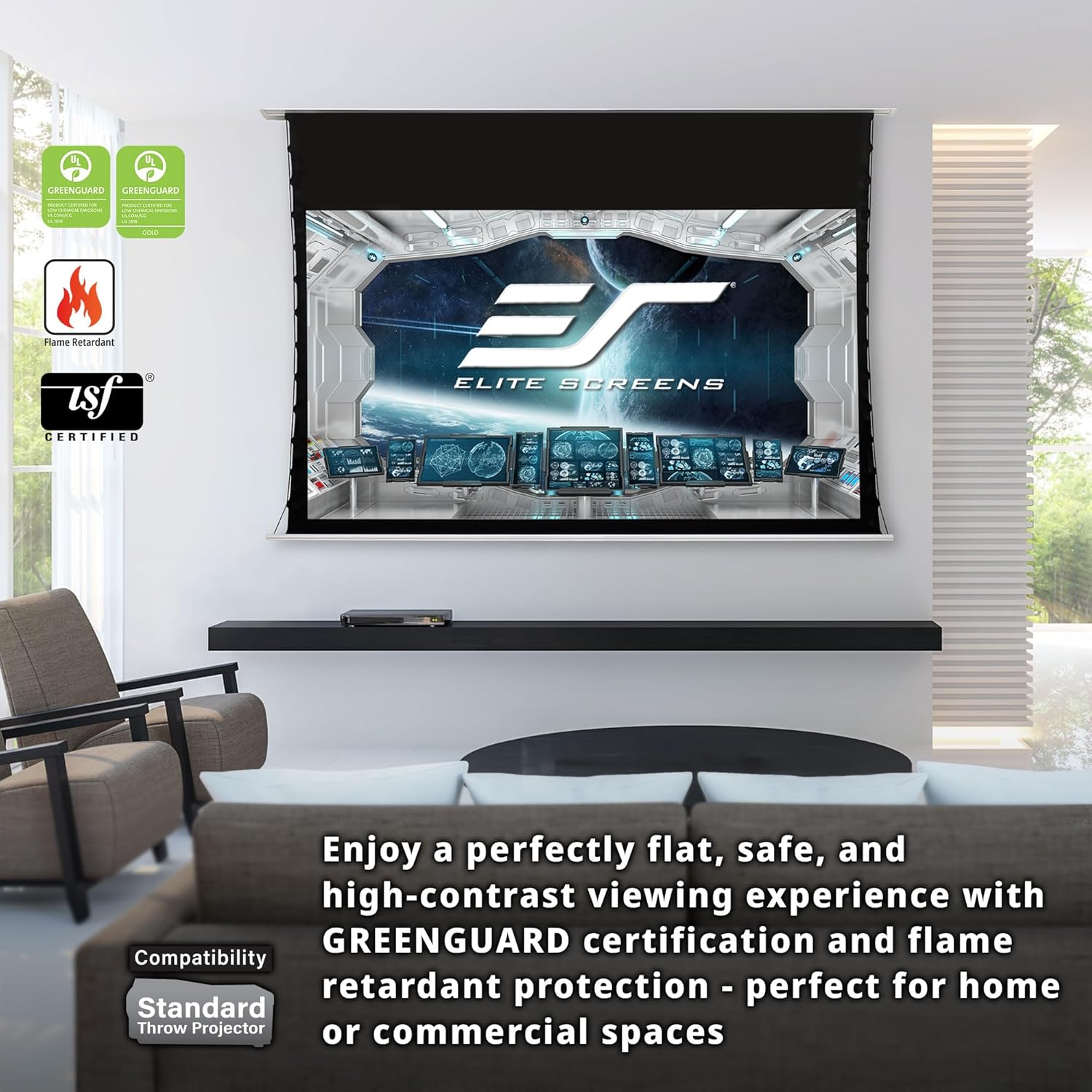 Elite Screens Evanesce Tab-Tension B 103" Diag. 16:9, Electric Recessed in-Ceiling Tensioned Ceiling/Ambient Light Rejecting (CLR/ALR) Projector Screen, ETB103HD5-E24, White