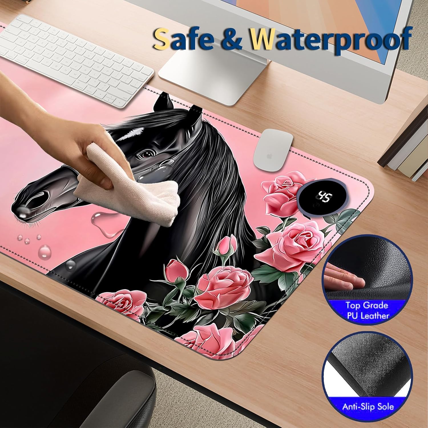 Heated Mouse Pad with 3 Temperature Settings(104°F–122°F),Large 31.5x13 Inch PU Leather Heated Desk Mat,Waterproof Warming Pad for Office,Gaming & Cold Hands Relief,Pink Rose Black Horse