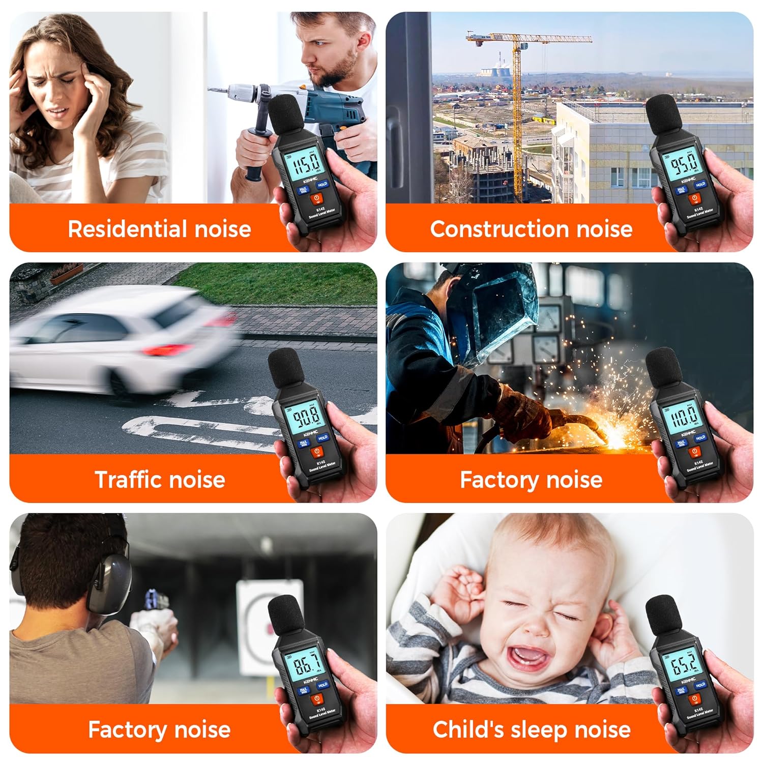 Decibel Meter, Portable Sound Level Meter with Backlit LCD (35-130dB(A) Range), Digital SPL Meter with MAX/MIN Data Hold, Noise Tester for Neighbors, Office, Workshop, and Classroom