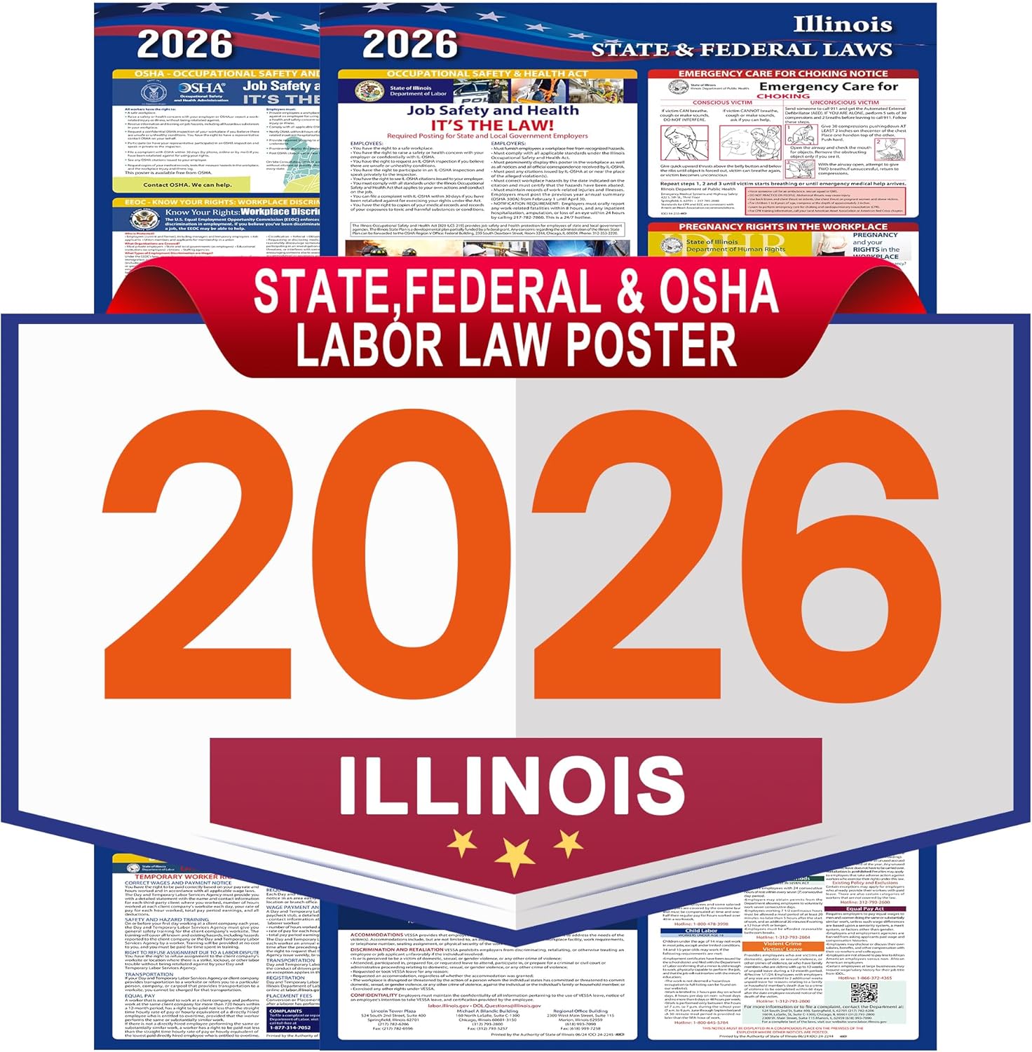 Illinois Labor Law Poster Set 2026 - State, Federal and OSHA Compliant Laminated Post - All in One Required Compliance Posting 17" x 40" English Version 2PCS - Ideal for Posting in The Workplace