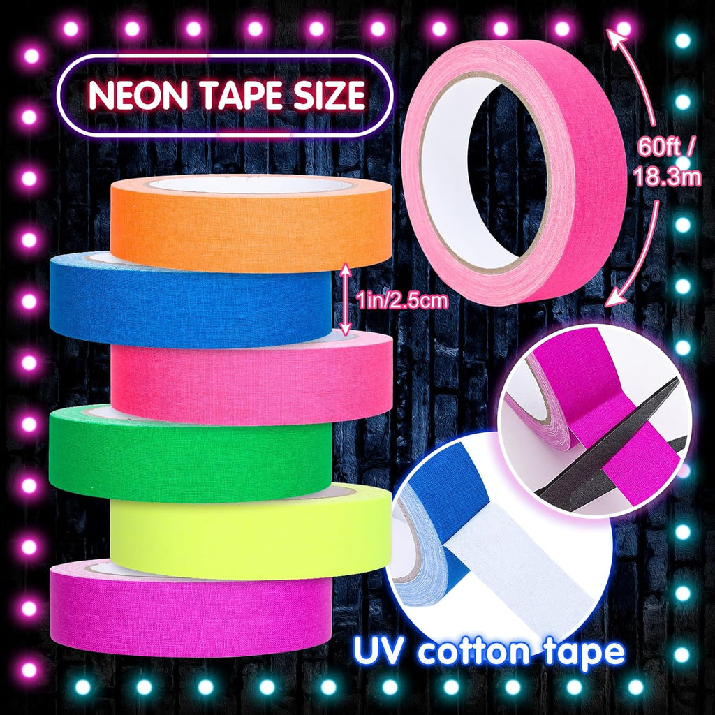 Whaline 6 Colors Neon Gaffer Cloth Tape Fluorescent Rainbow Color UV Blacklight Glow in The Dark Tapes Neon Duct Reflective Tapes for Party Supplies (1 Inch x 60 Ft)