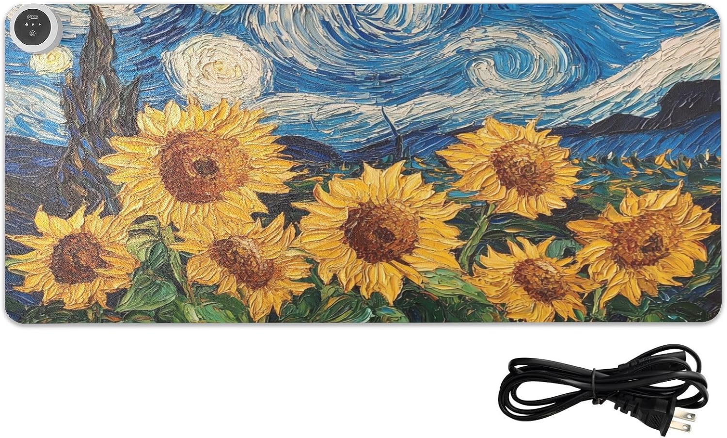 Heated Desk Pad Mouse Pad 31.5x13 Inch PU Leather Desk Mat with 3 Heat Levels Large Mouse Gaming Computer Laptop Mat Starry Night Blue Sunflowers