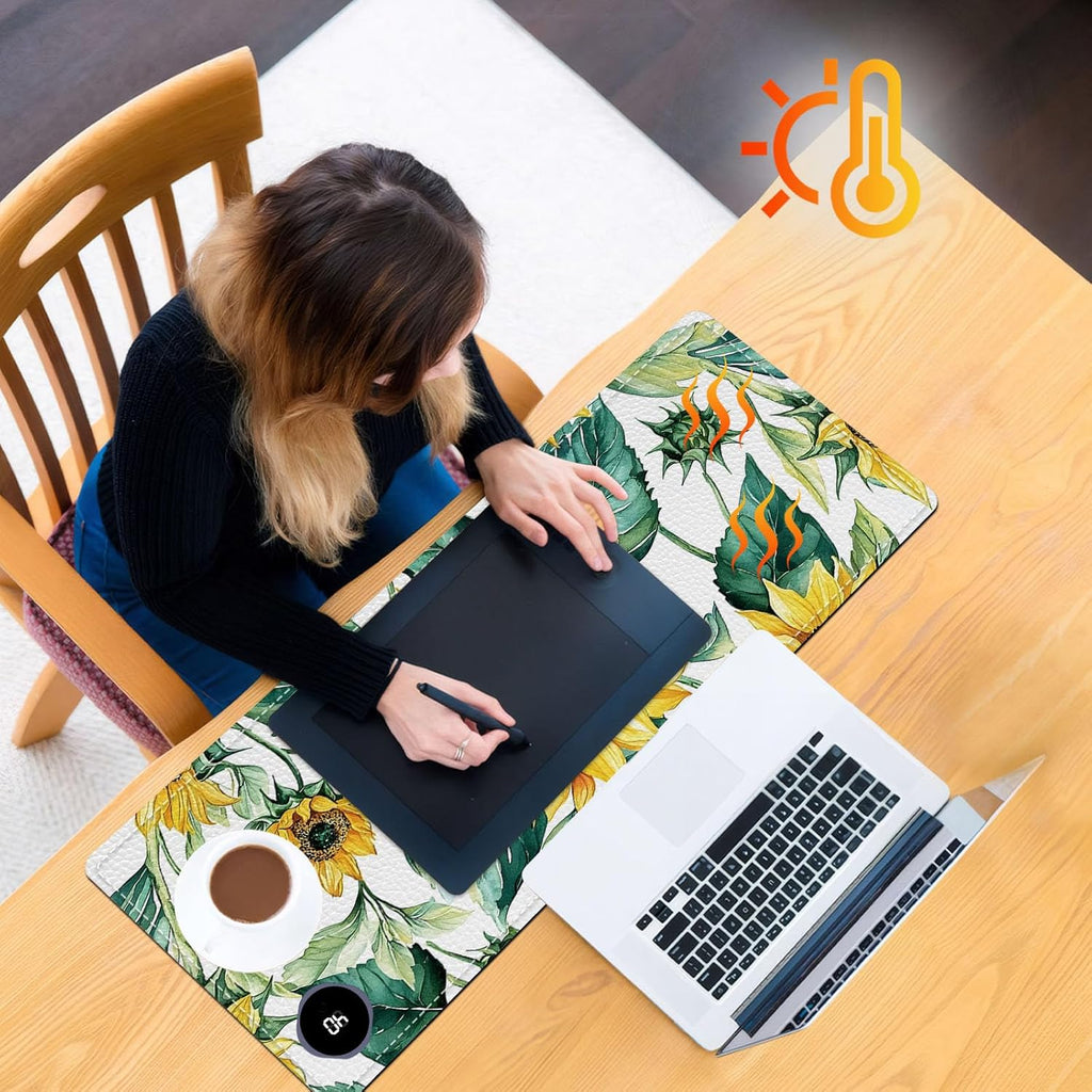 Heated Mouse Pad, Warm Desk Pad, Keyboard Mat 31.5 x 13 Inch Large Size Intelligent Fast Heating, 3 Speed Adjustable, Timed Auto Power Off for Game Office Home,Blooming Sunflowers