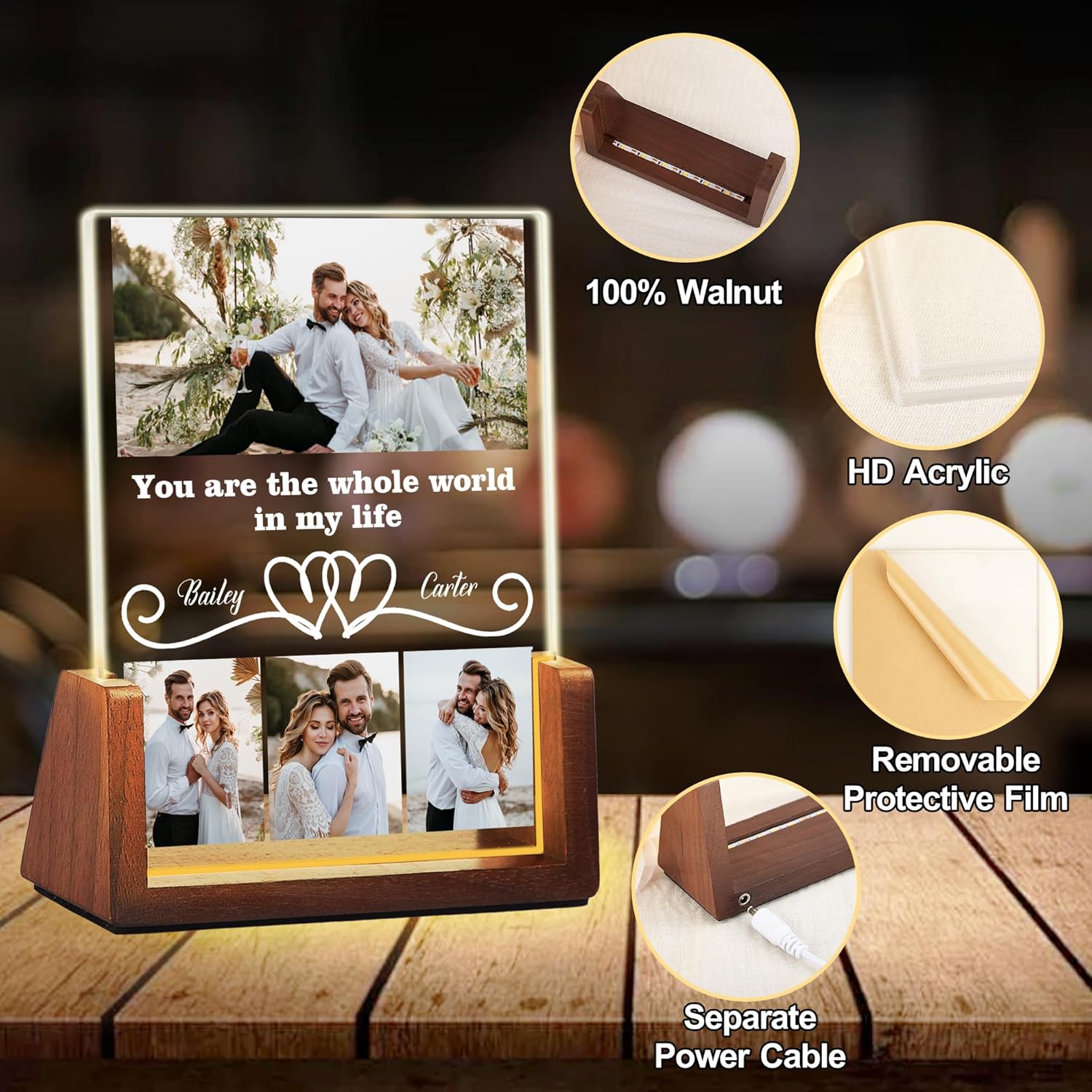 Personalized Couple Birthday Gifts For Girlfriend Boyfriend Him Her, Custom Acrylic Plaque Light Up Picture Frame With Photo Name, Customized Anniversary Christmas Gifts For Women Men Husband Wife