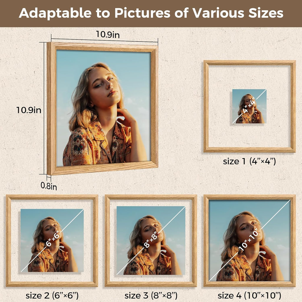 Axeman 10x10 Floating Picture Frame -Solid Oak Wood Square Picture Frame, Double Tempered Glass Photo Frame 3x3 4x4 5x5 6x6 8x8 10''x10'' Wood Frame, Wall Mount Or Tabletop Standing, Natural